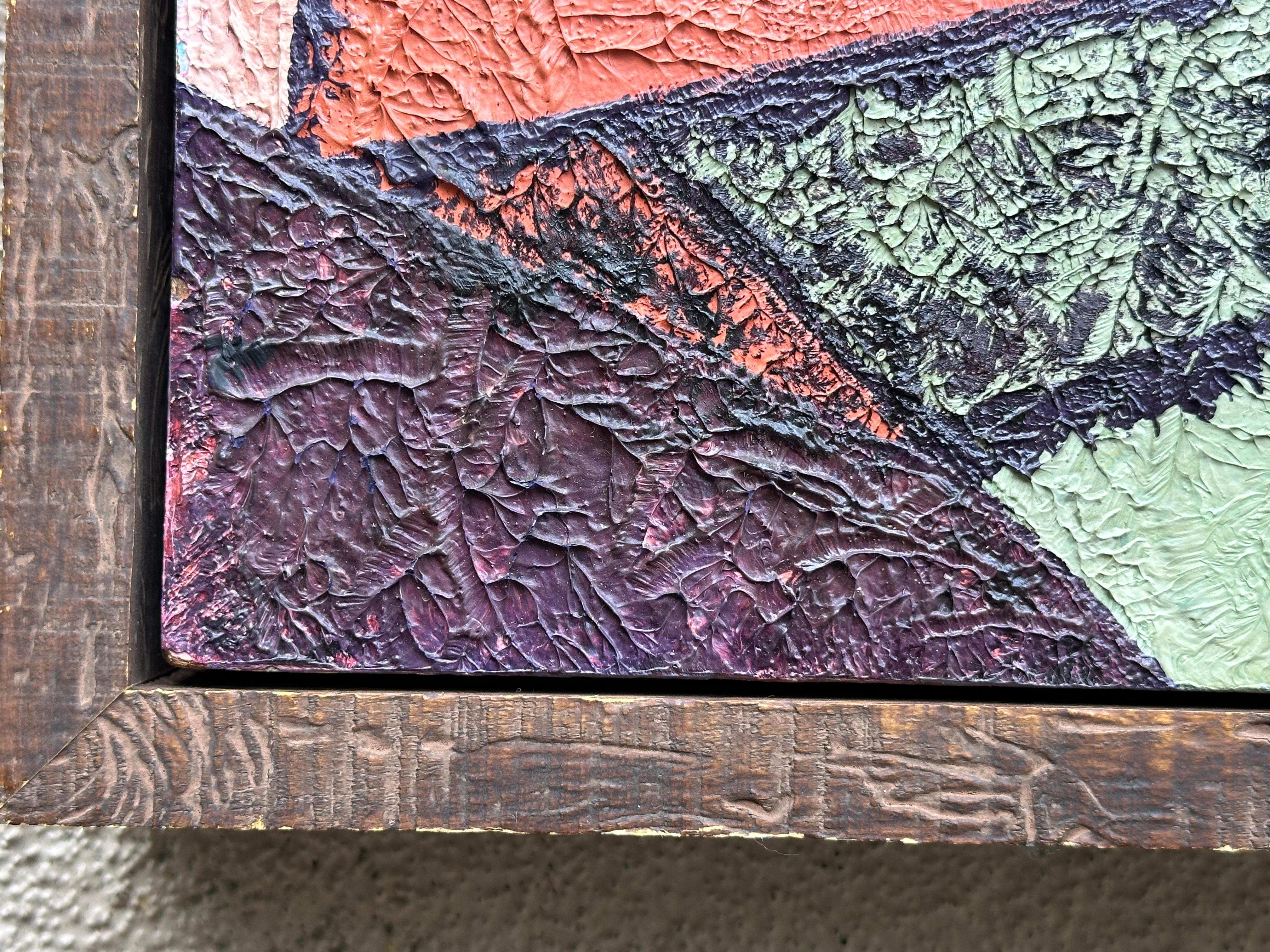 Midcentury Colorful Abstract Oil on Wood Panel by Lee Applegate For Sale 15