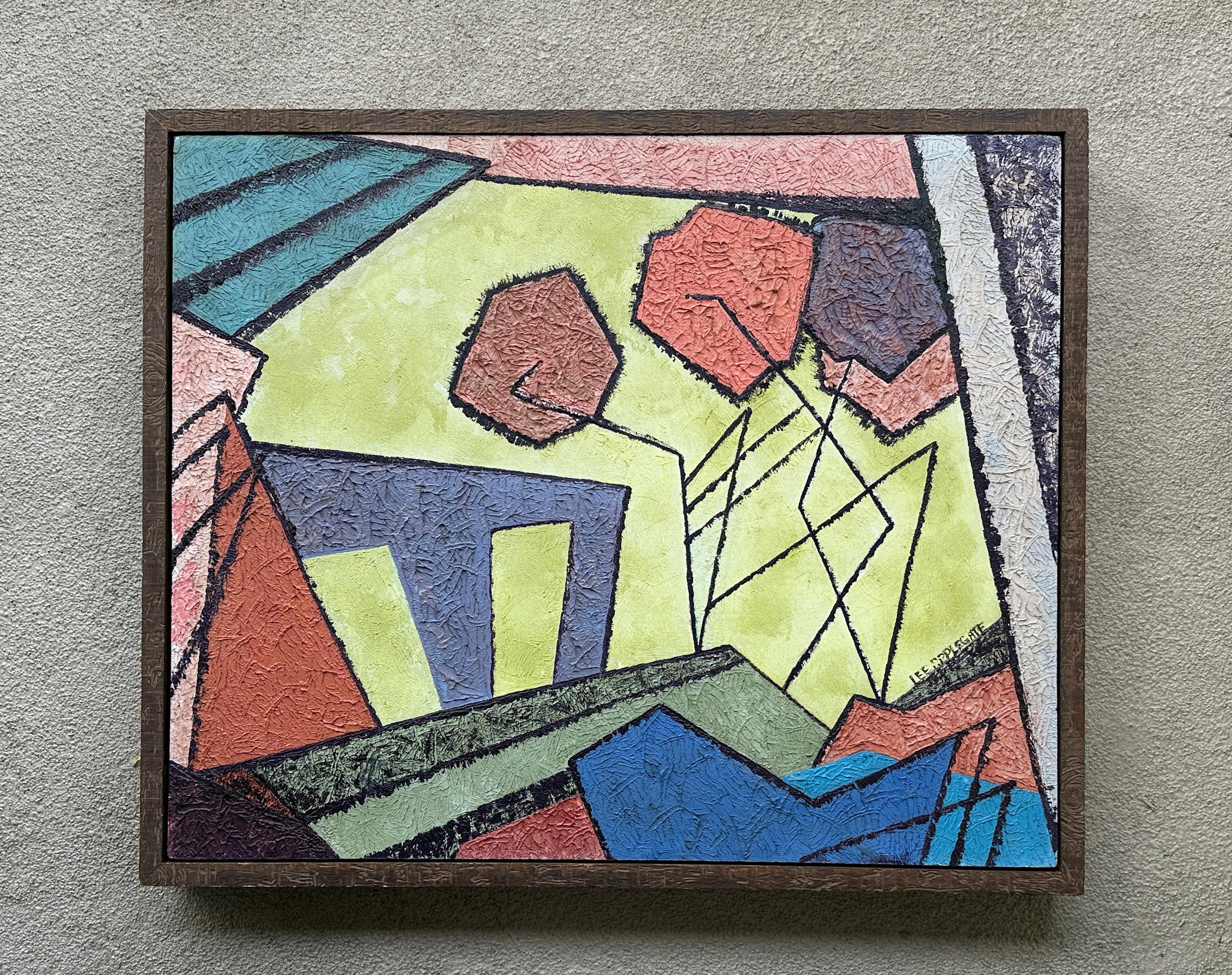 Midcentury Colorful Abstract Oil on Wood Panel by Lee Applegate For Sale 1
