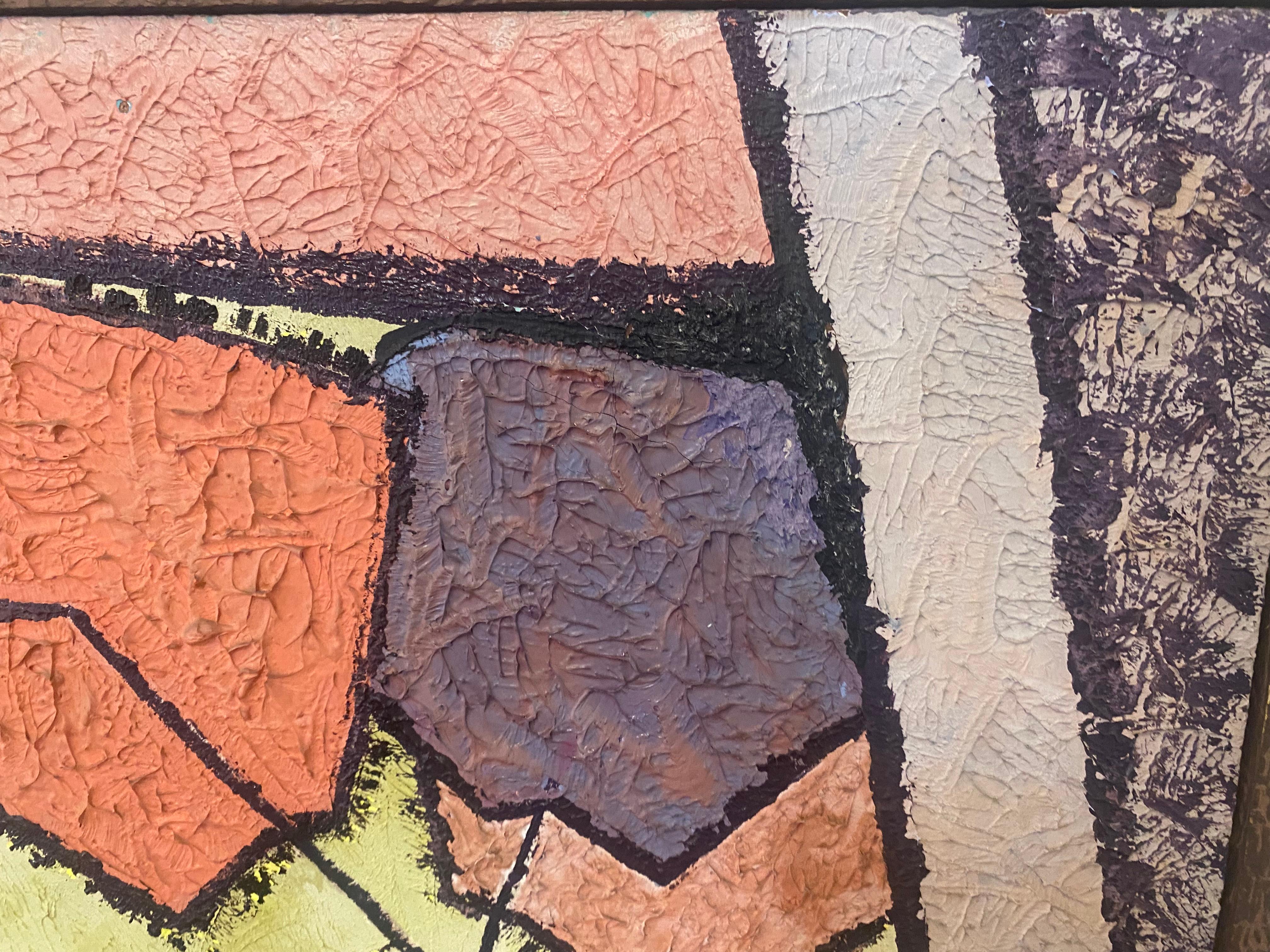 Midcentury Colorful Abstract Oil on Wood Panel by Lee Applegate For Sale 6