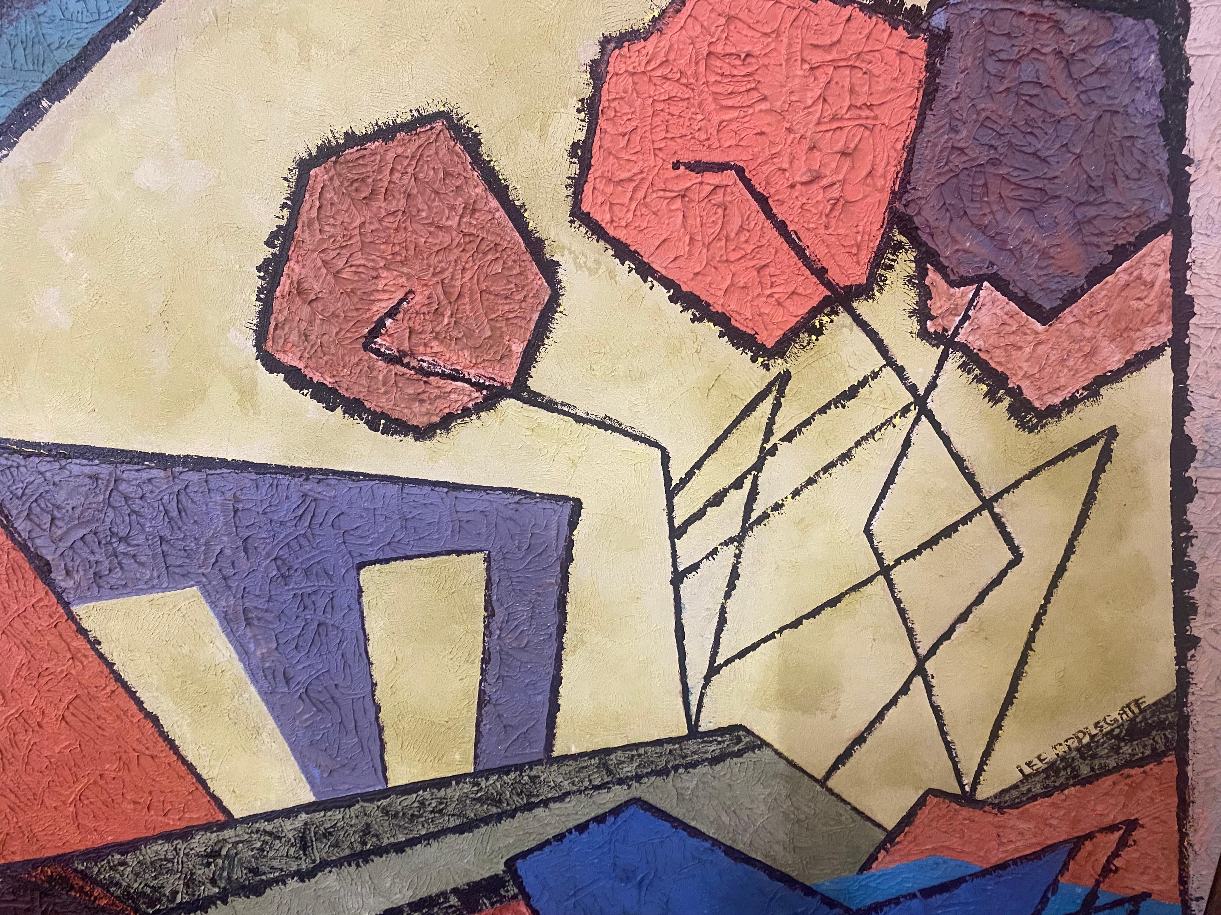 Midcentury Colorful Abstract Oil on Wood Panel by Lee Applegate For Sale 8