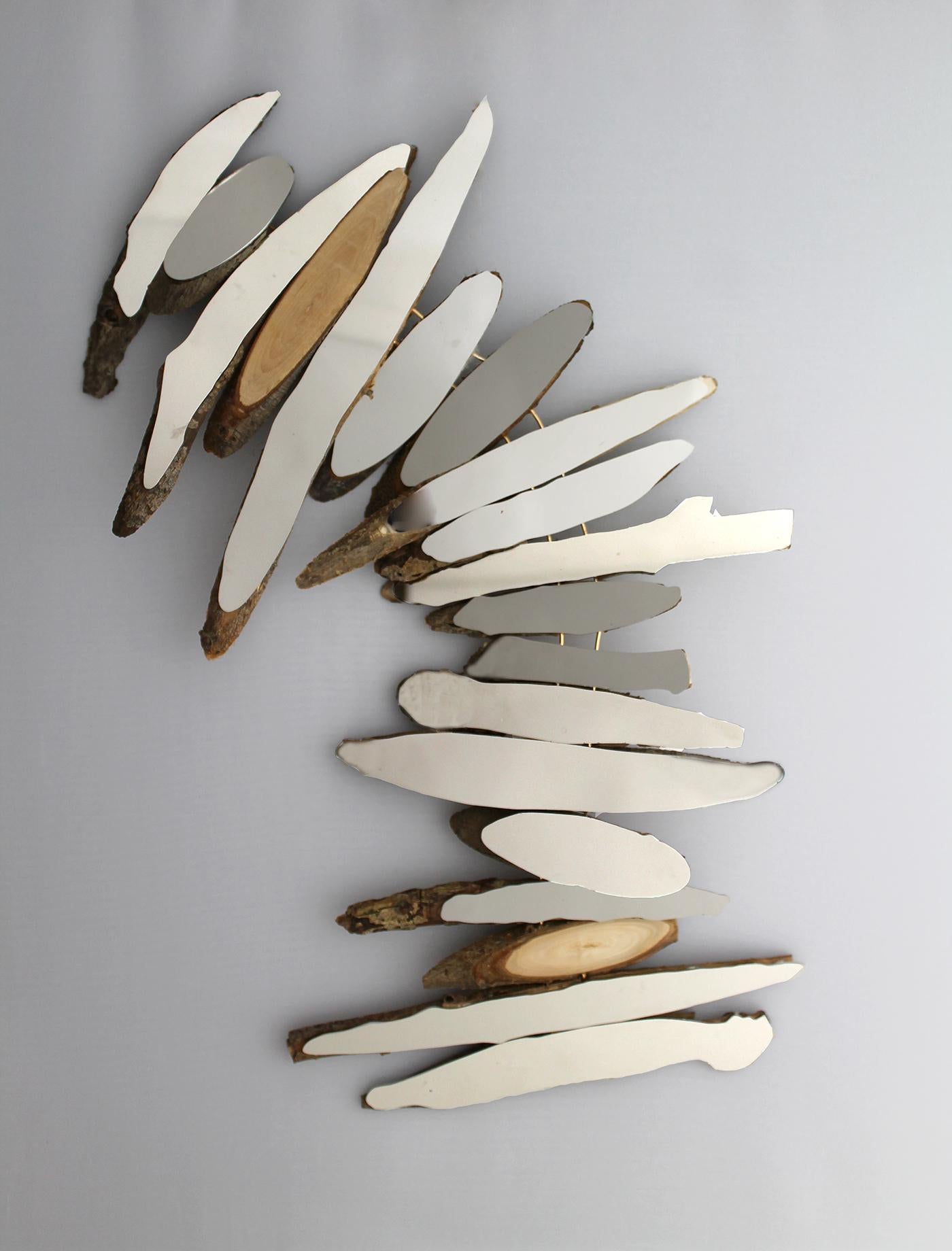 Lee Borthwick Abstract Sculpture - Willow Feathers: A Sculptural Wall Hanging of Mirrors and Fallen Wood