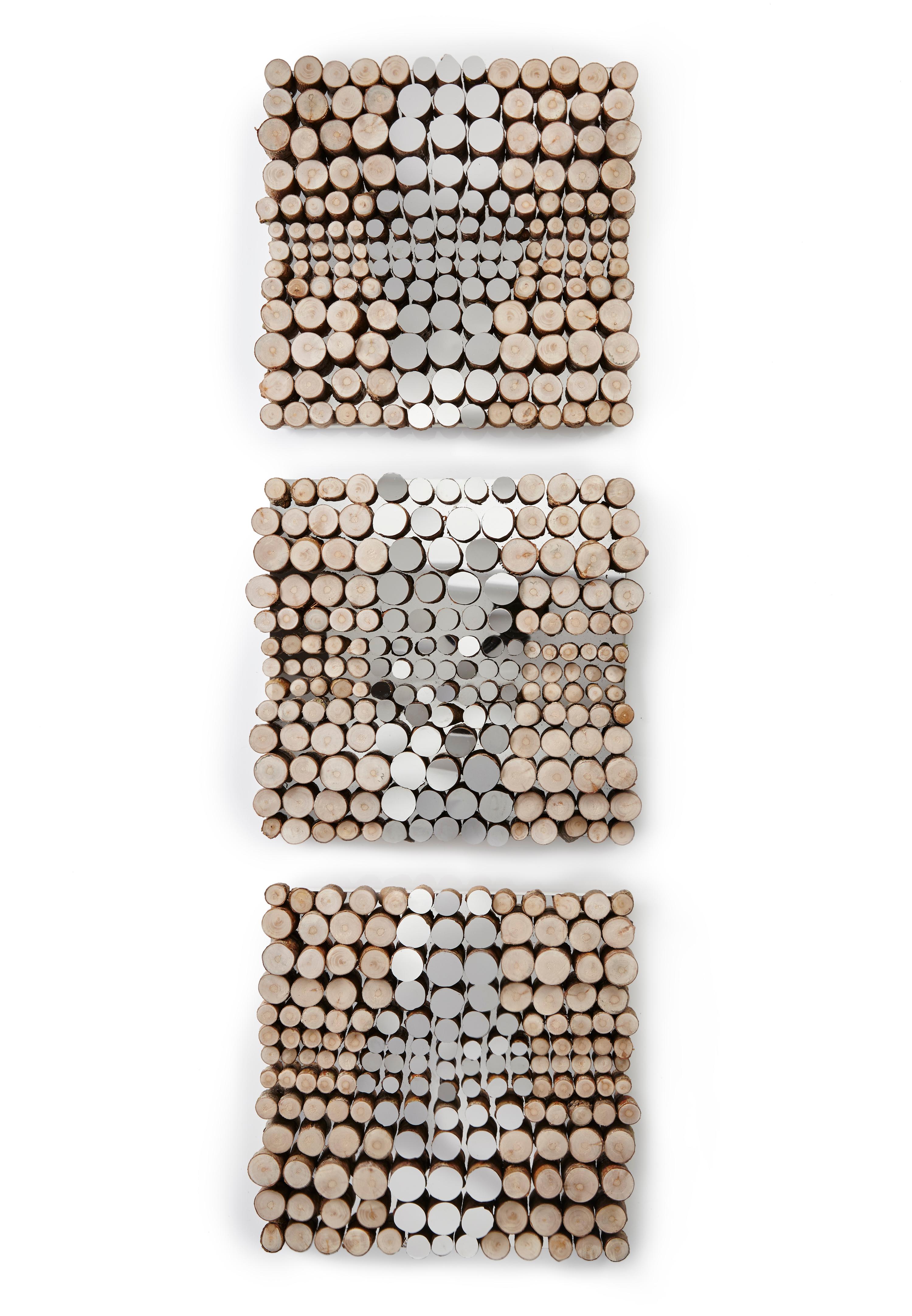 This is a sculptural wall piece, made from natural fallen willow wood and polished mirror steel.  The price shown is for a single piece but it can also work as a diptych or as a triptych hung vertically (as shown) or horizontally.  Please enquire if