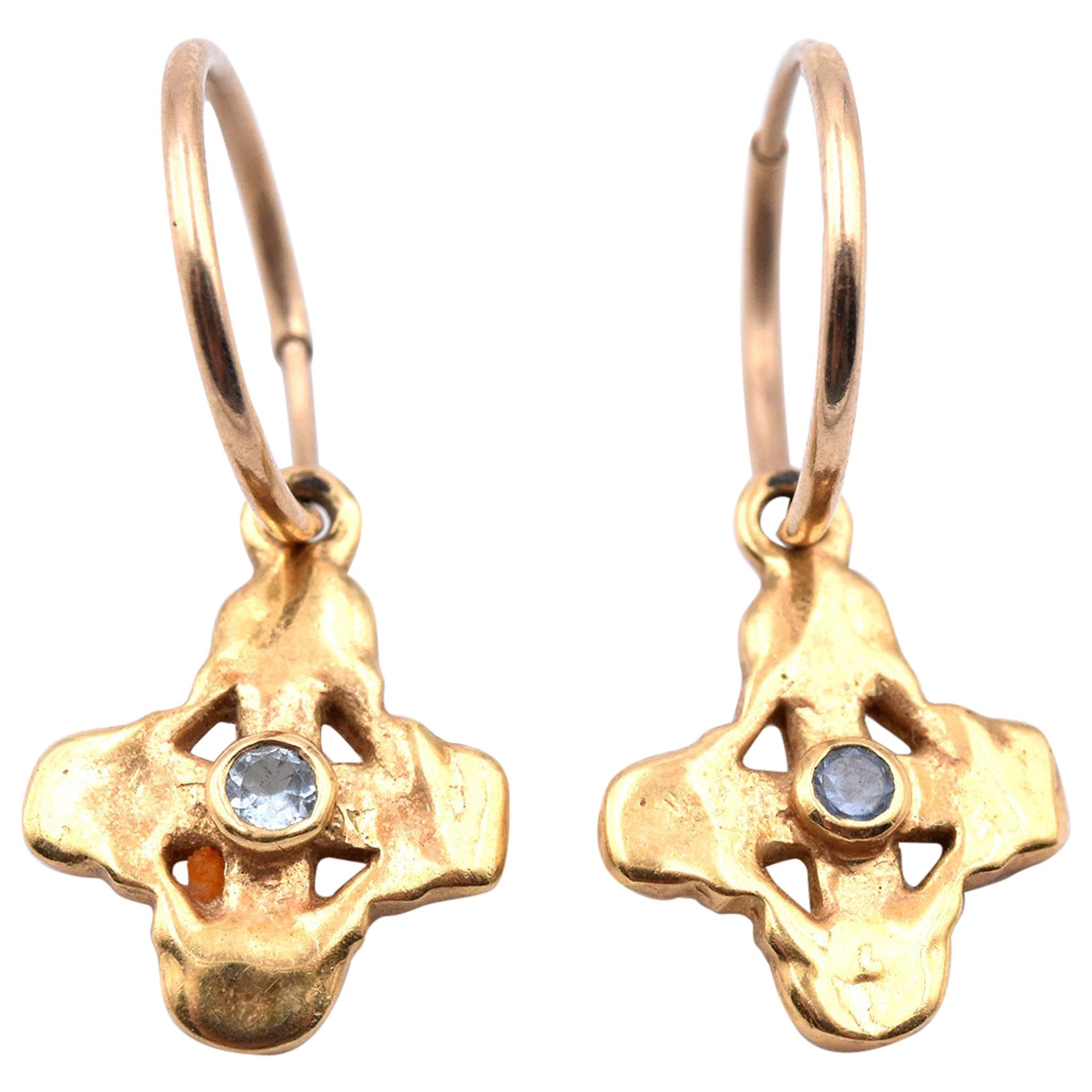 Lee Brevard 18 Karat Yellow Gold Aquamarine Cross Huggie Hoop Earrings