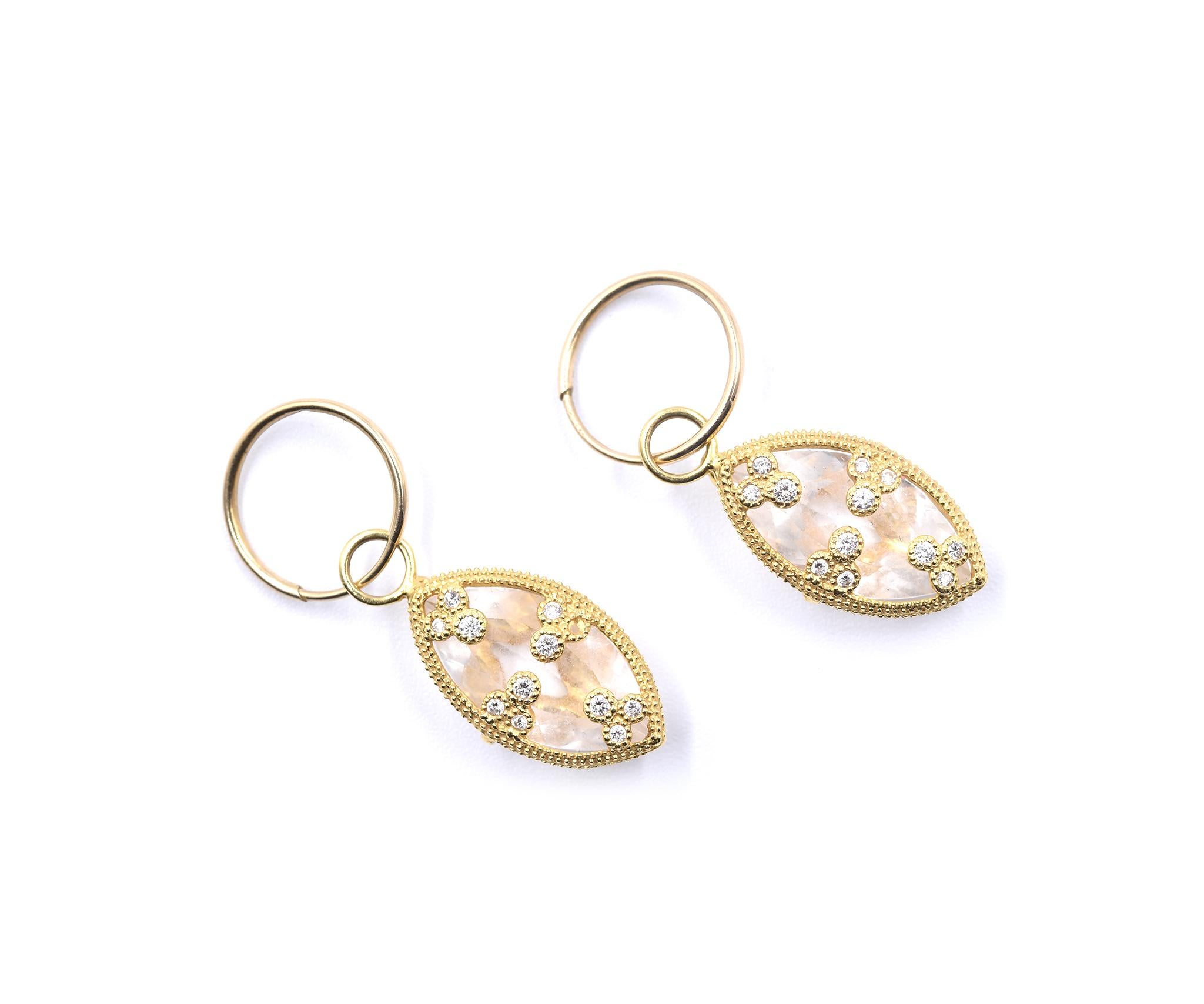 Designer: Jude Frances
Material: 18k yellow gold
Diamonds: 24 round brilliant cuts = 0.25cttw
Color: G
Clarity: VS
Dimensions: earrings are 32.90mm by 10.50mm 
Fastenings: endless hoops
Weight: 4.68 grams
