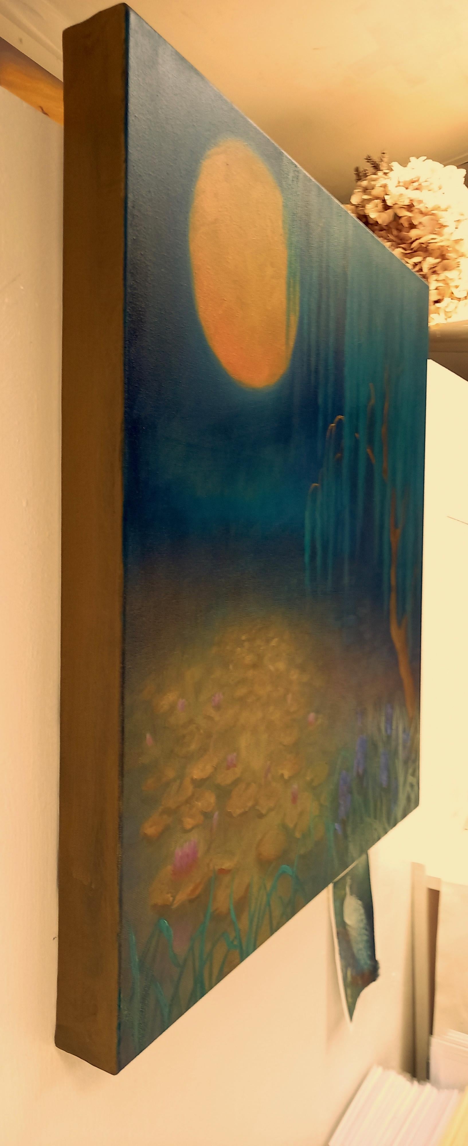 Flower Moon, Original Signed Contemporary Magical Realism Symbolist Painting For Sale 2