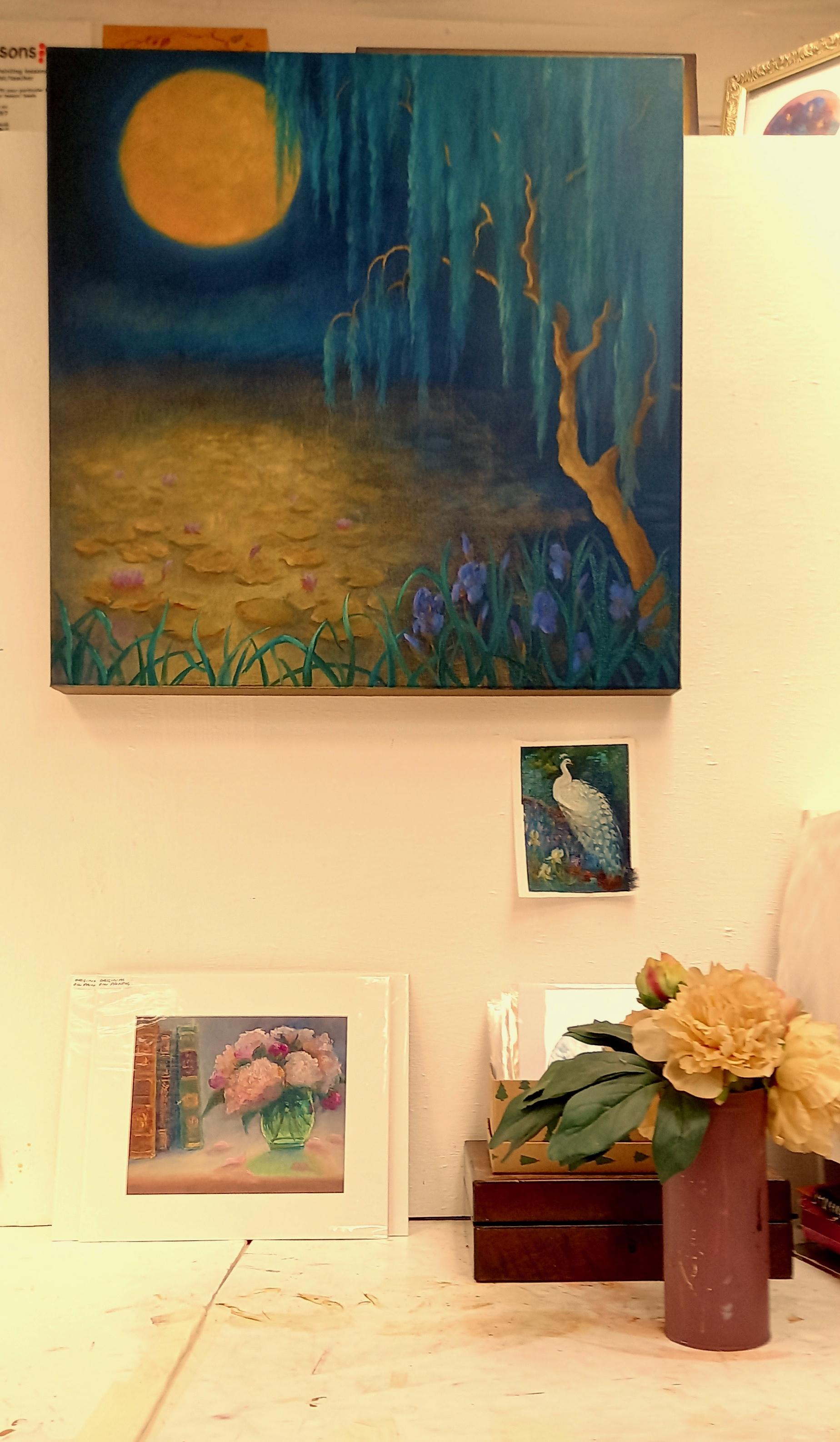Flower Moon, Original Signed Contemporary Magical Realism Symbolist Painting For Sale 3