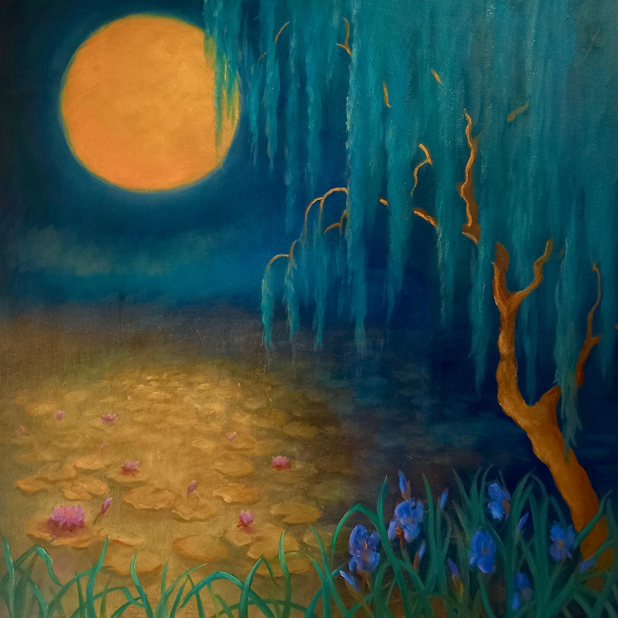 Lee Campbell Landscape Painting - Flower Moon, Original Signed Contemporary Magical Realism Symbolist Painting