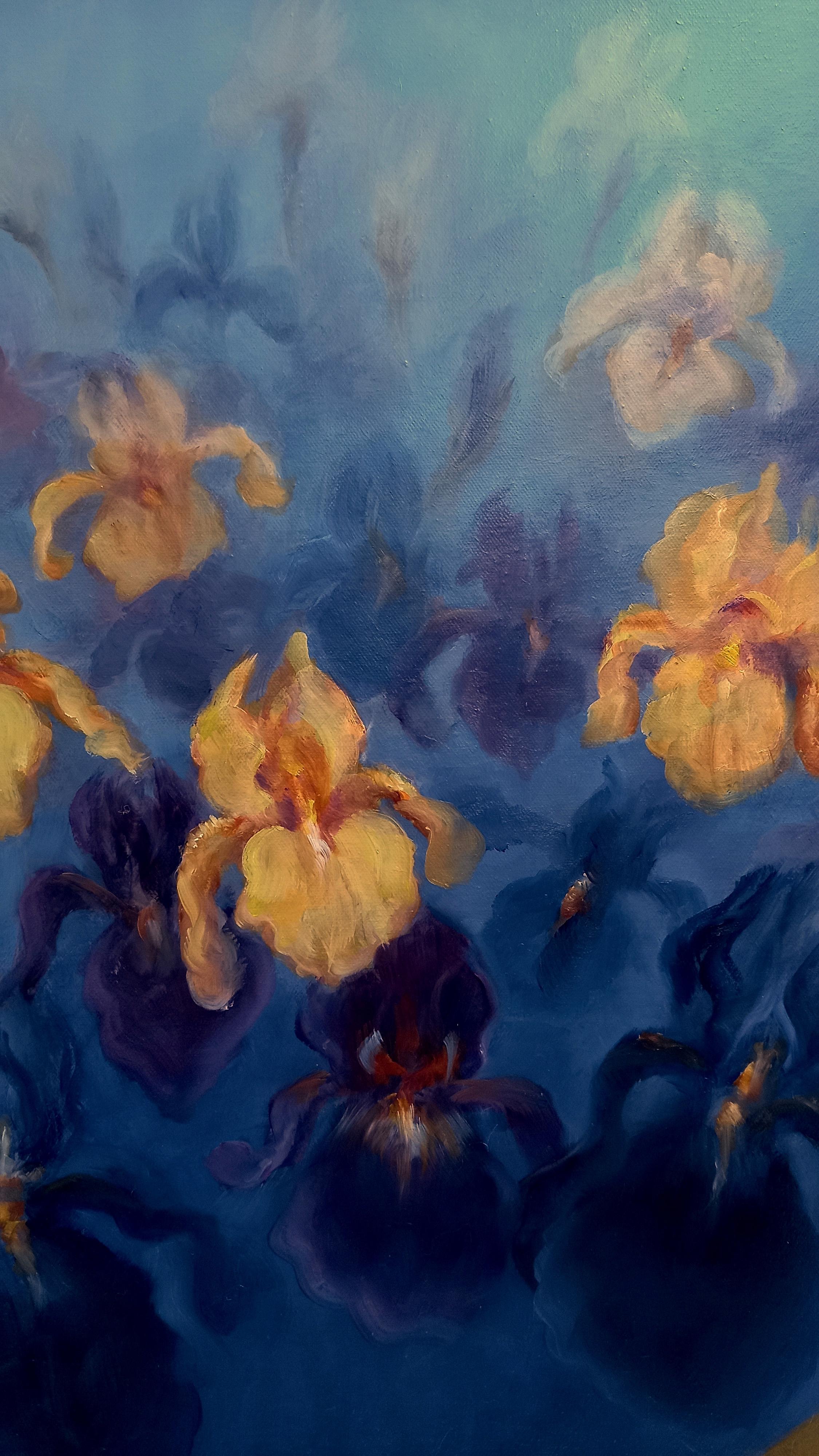 Irises
24.0 x 24.0 x 1.5, 2.5 lbs 
Oil Paint
Hand signed by artist 

Description:
An original oil painting by Lee Campbell. This contemporary painting depicts irises. The flowers appear almost ghostly as they fade into the back of the