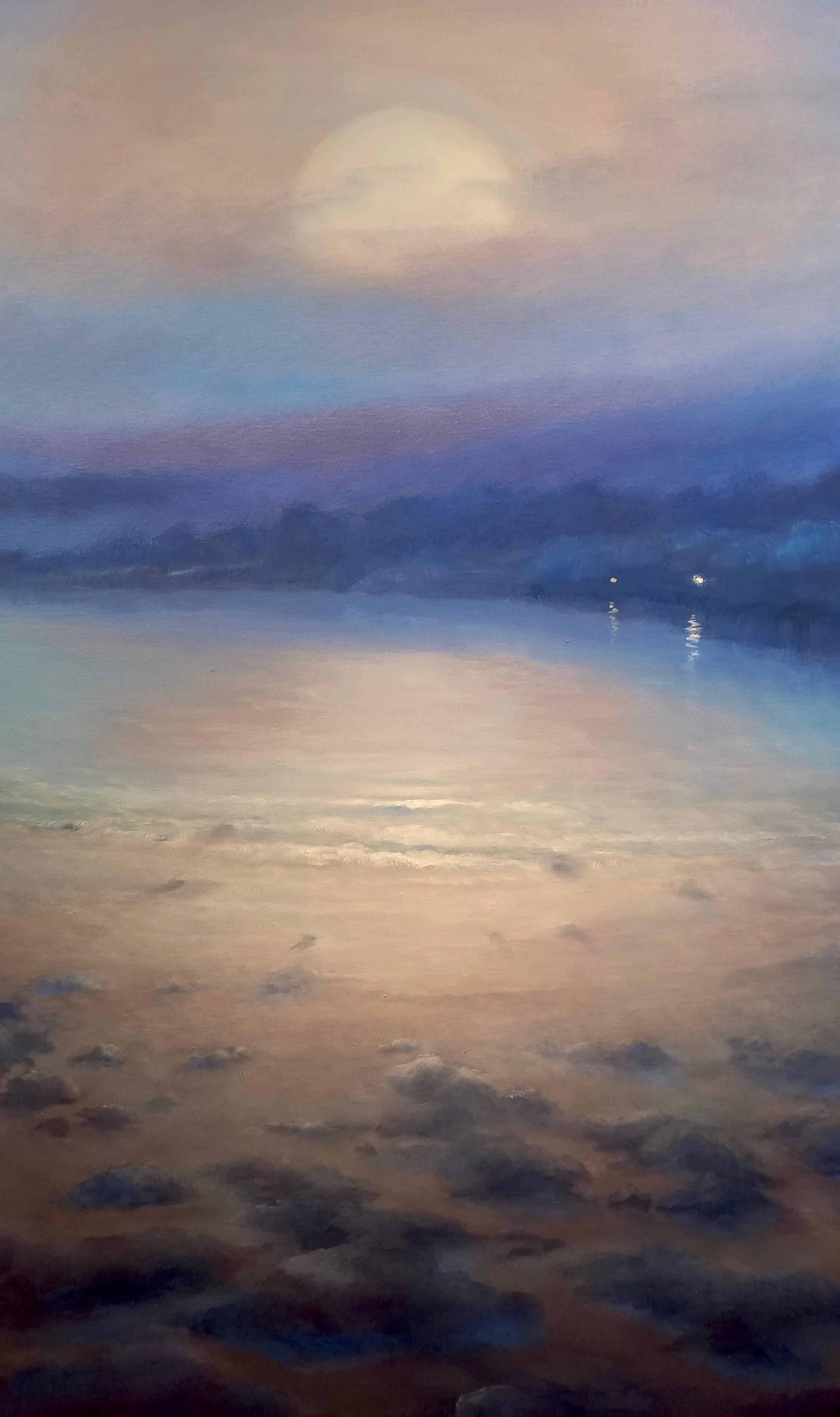 Moonlight Sonata, Original Signed Romantic Landscape Painting on Canvas For Sale 2