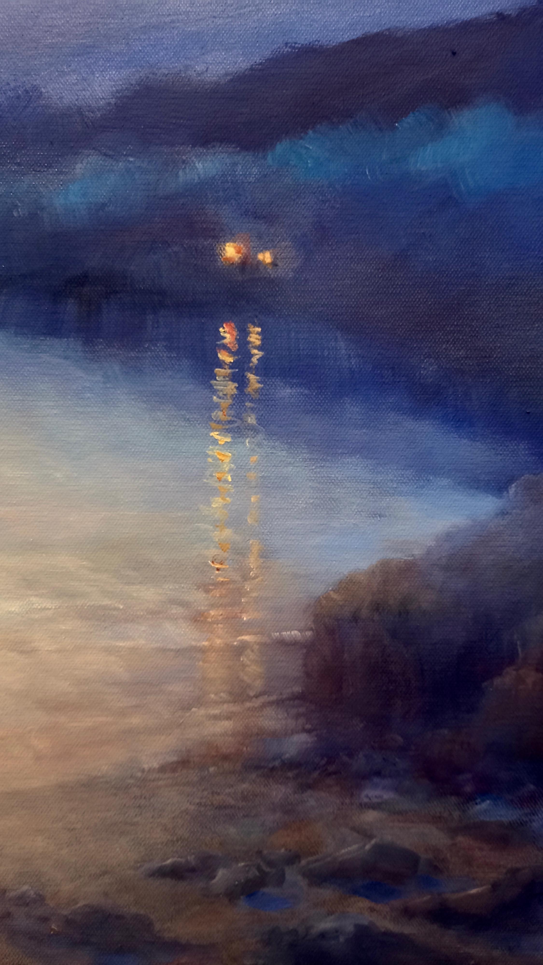 Moonlight Sonata, Original Signed Romantic Landscape Painting on Canvas For Sale 3