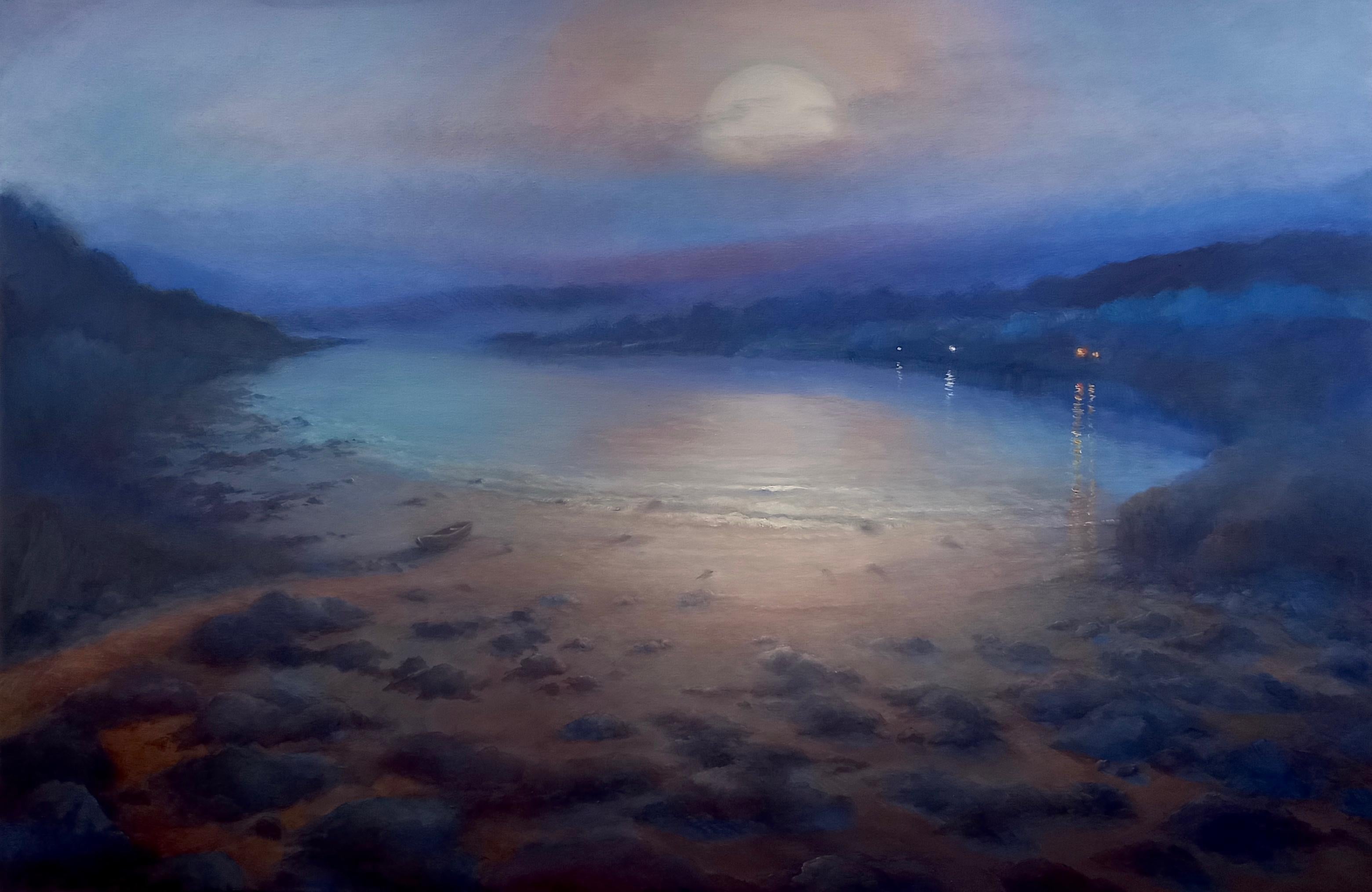 Moonlight Sonata, Original Romantic Landscape Painting
32" x 47" x 1.5" (HxWxD) Oil on Canvas
Hand signed by the artist.

This oil painting by artist Lee Campbell depicts a quiet and moody seascape in shades of blue, purple, and mauve. The canvas