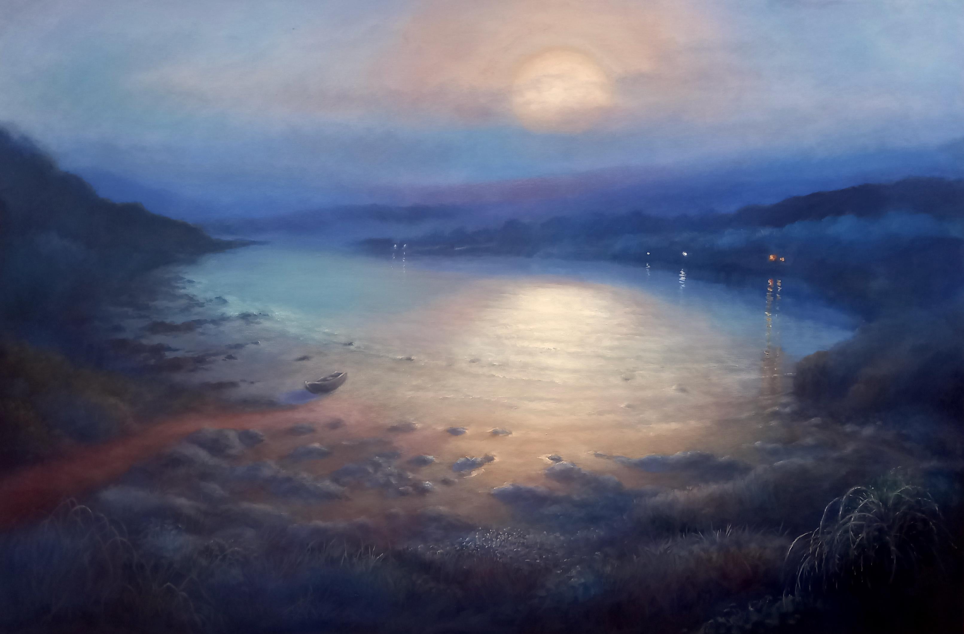 Moonlight Sonata
47.0 x 32.0 x 1.5, 7.0 lbs 
Oil Paint
Hand signed by artist 

Description:
An original oil painting by Lee Campbell. This Romantic style painting depicts an ocean landscape. The moon hovers above the composition, casting a soothing