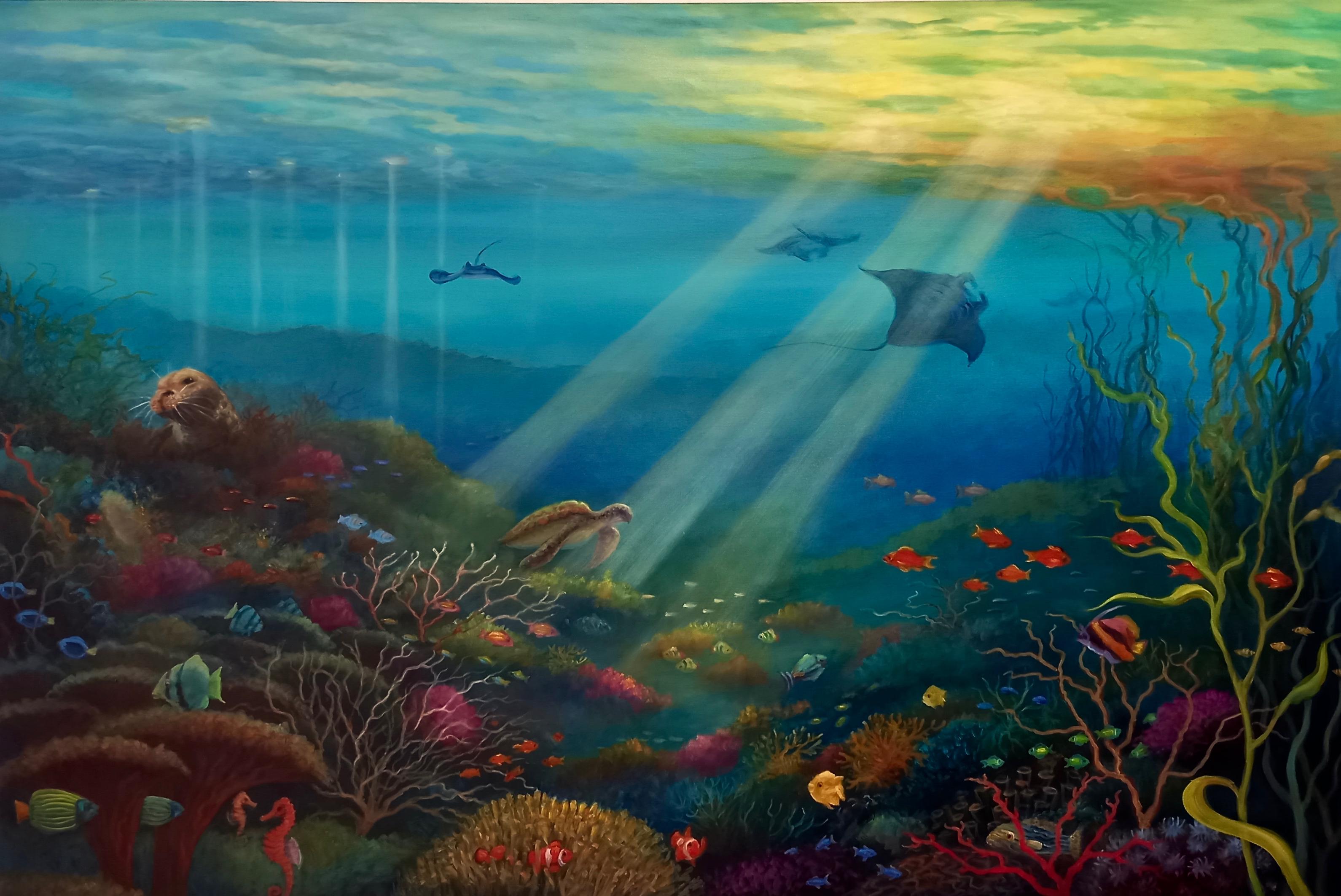 Pacific Rays
47.0 x 32.0 x 1.5, 7.0 lbs 
Oil Paint
Hand signed by artist 

Description:
An original oil painting by Lee Campbell. This contemporary painting depicts a tropical ocean scene filled with fish and sea animals. 

Artist's Commentary: