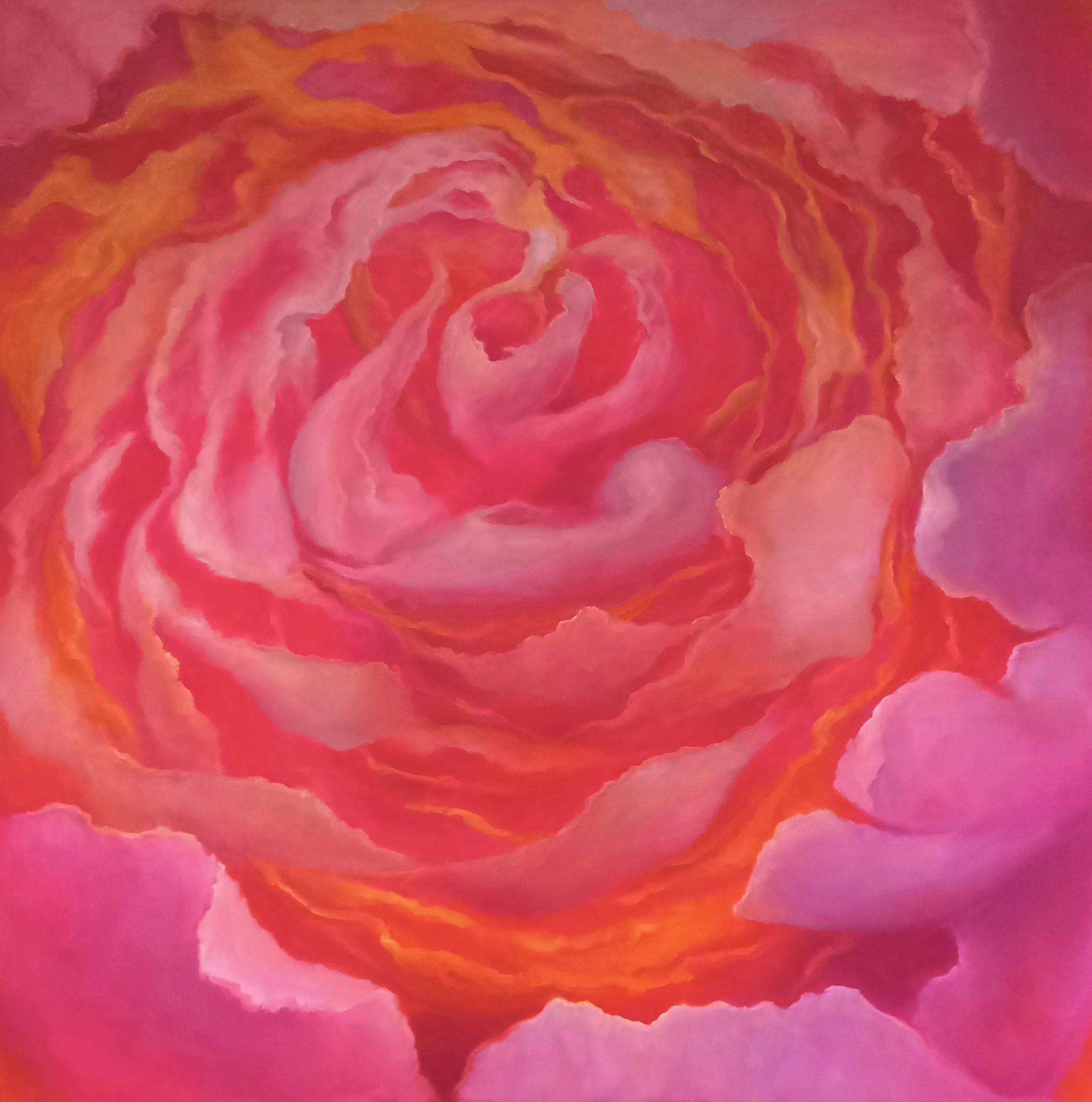 Rose Dorè, Contemporary Original Pink Rose Flower Painting
39" x 39" x 1.5" (HxWxD) Oil on Canvas, Unframed
Hand-signed by the artist.

A large-format square painting by artist Lee Campbell, this canvas is painted in vibrant shades of hot pink and