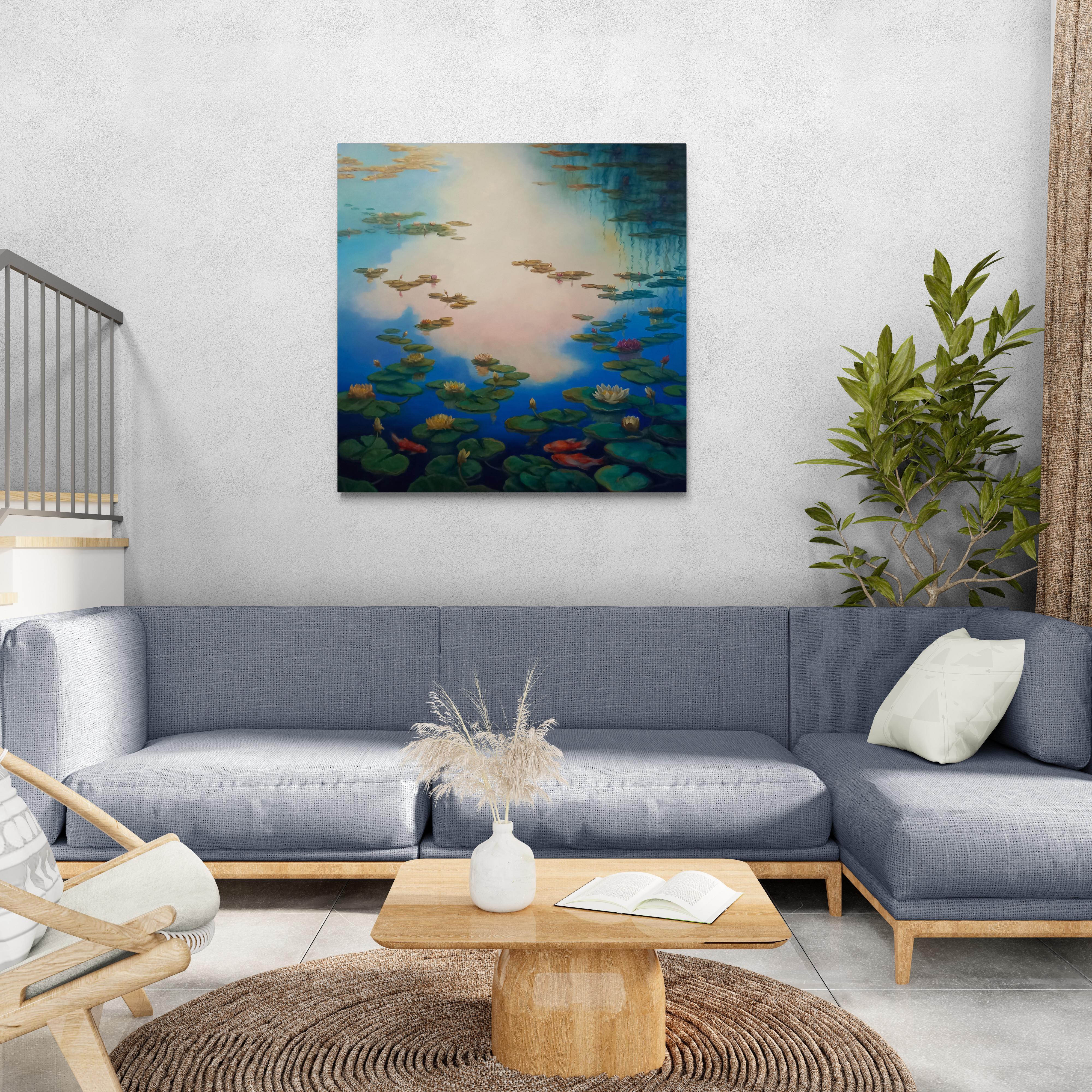 Waterlilies, Original Signed Post-Impressionist Landscape Painting on Canvas For Sale 9