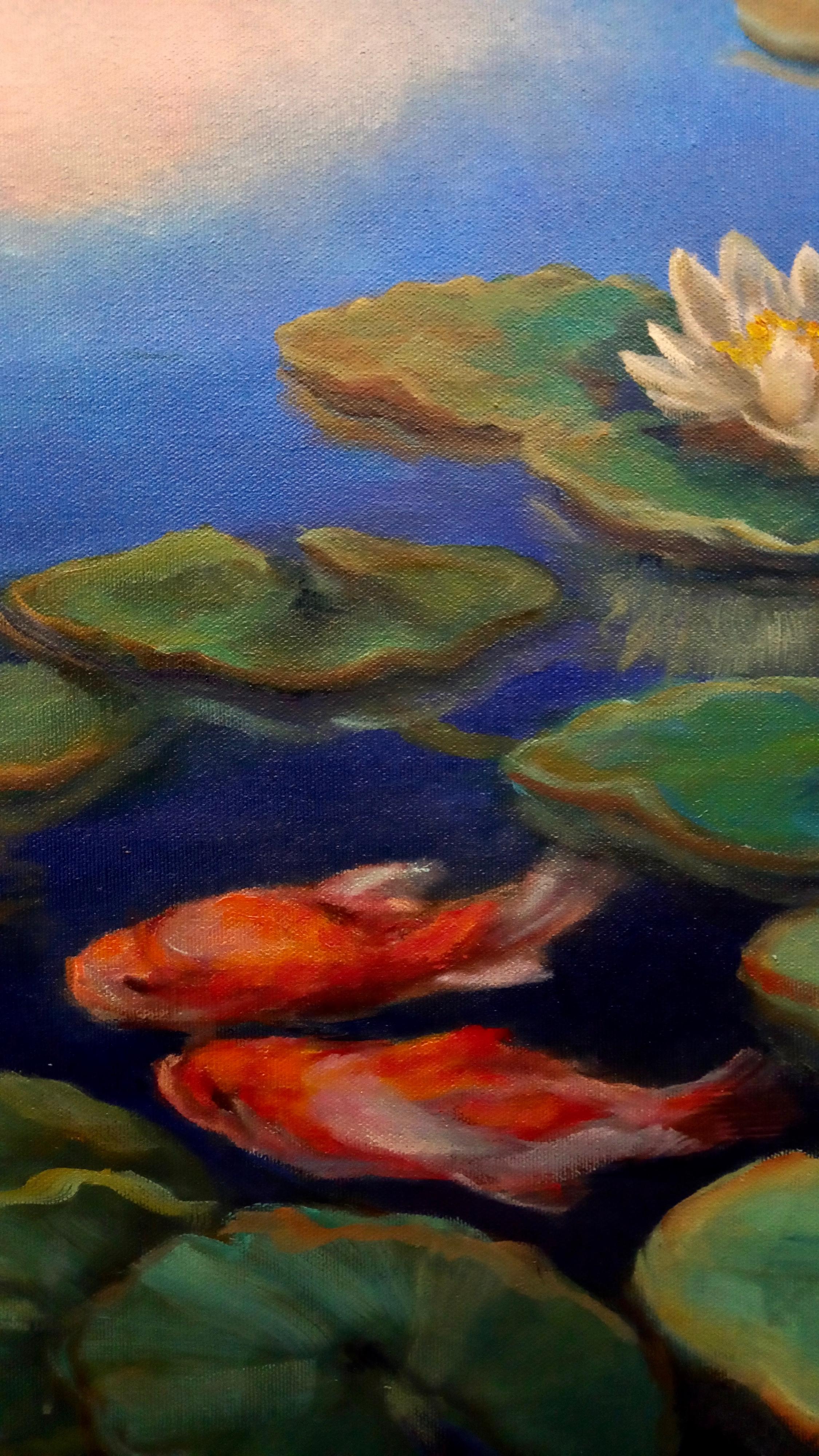 Waterlilies, Original Signed Post-Impressionist Landscape Painting on Canvas For Sale 1