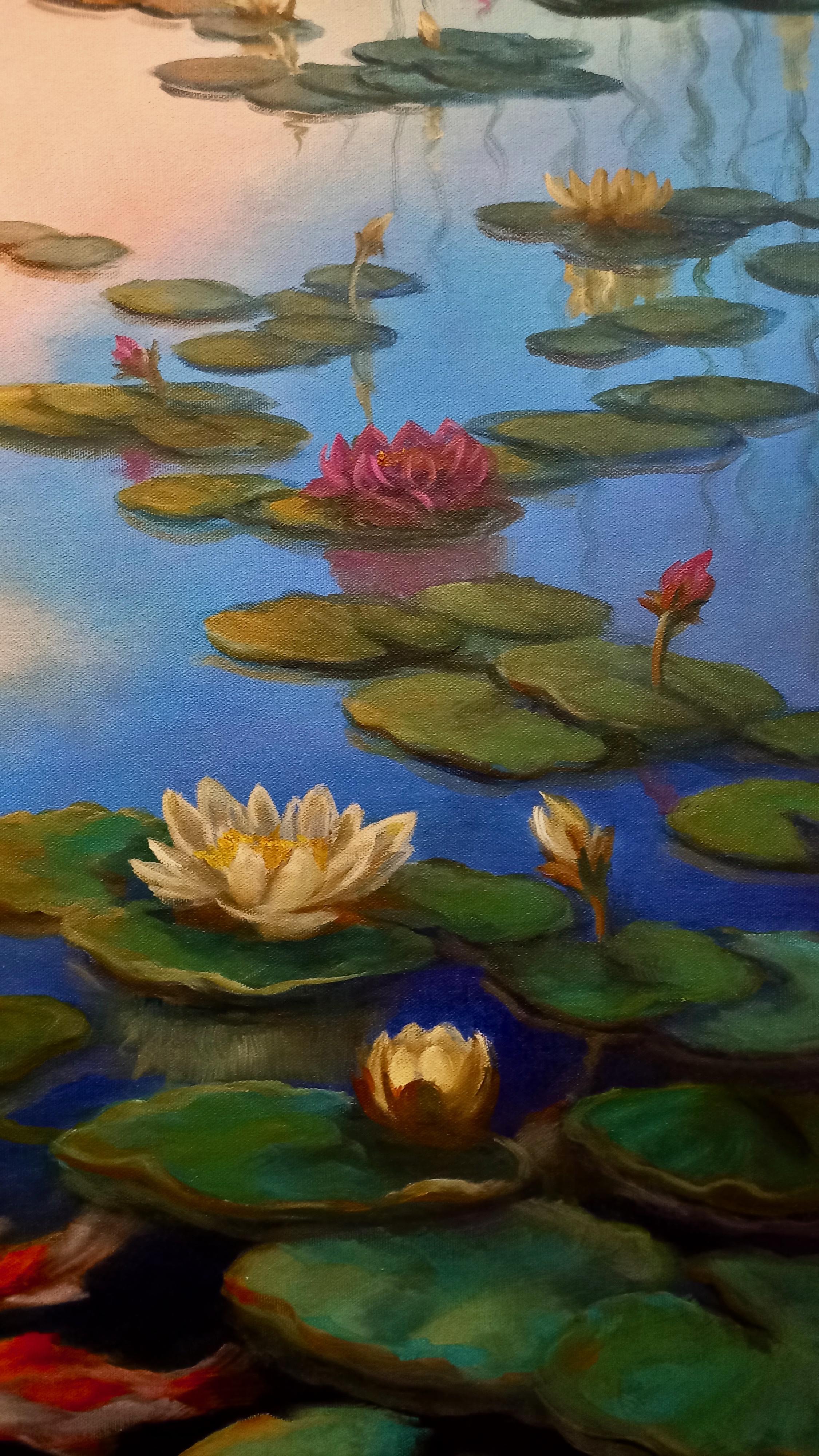 Waterlilies, Original Signed Post-Impressionist Landscape Painting on Canvas For Sale 2