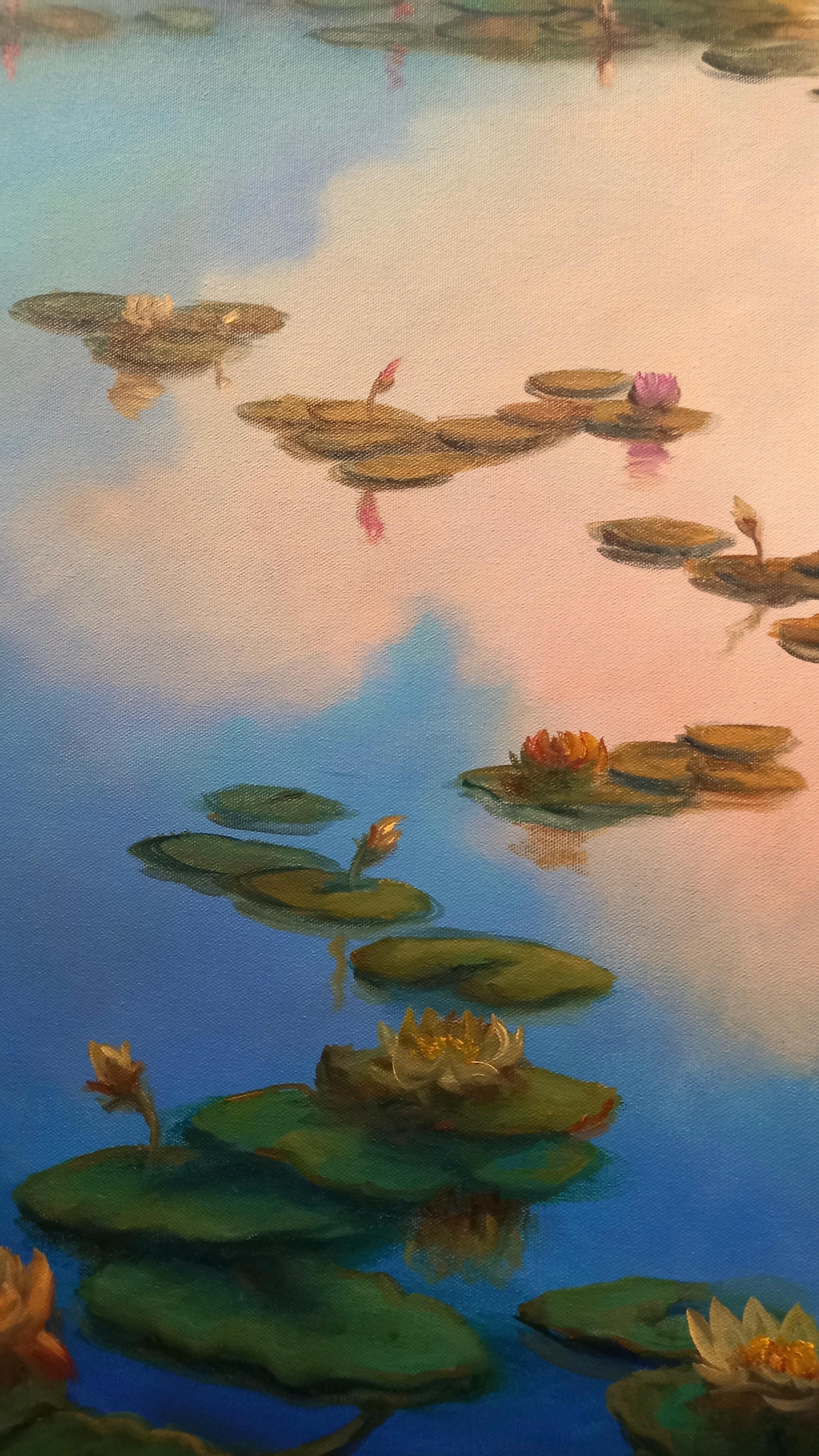 Waterlilies, Original Signed Post-Impressionist Landscape Painting on Canvas For Sale 4