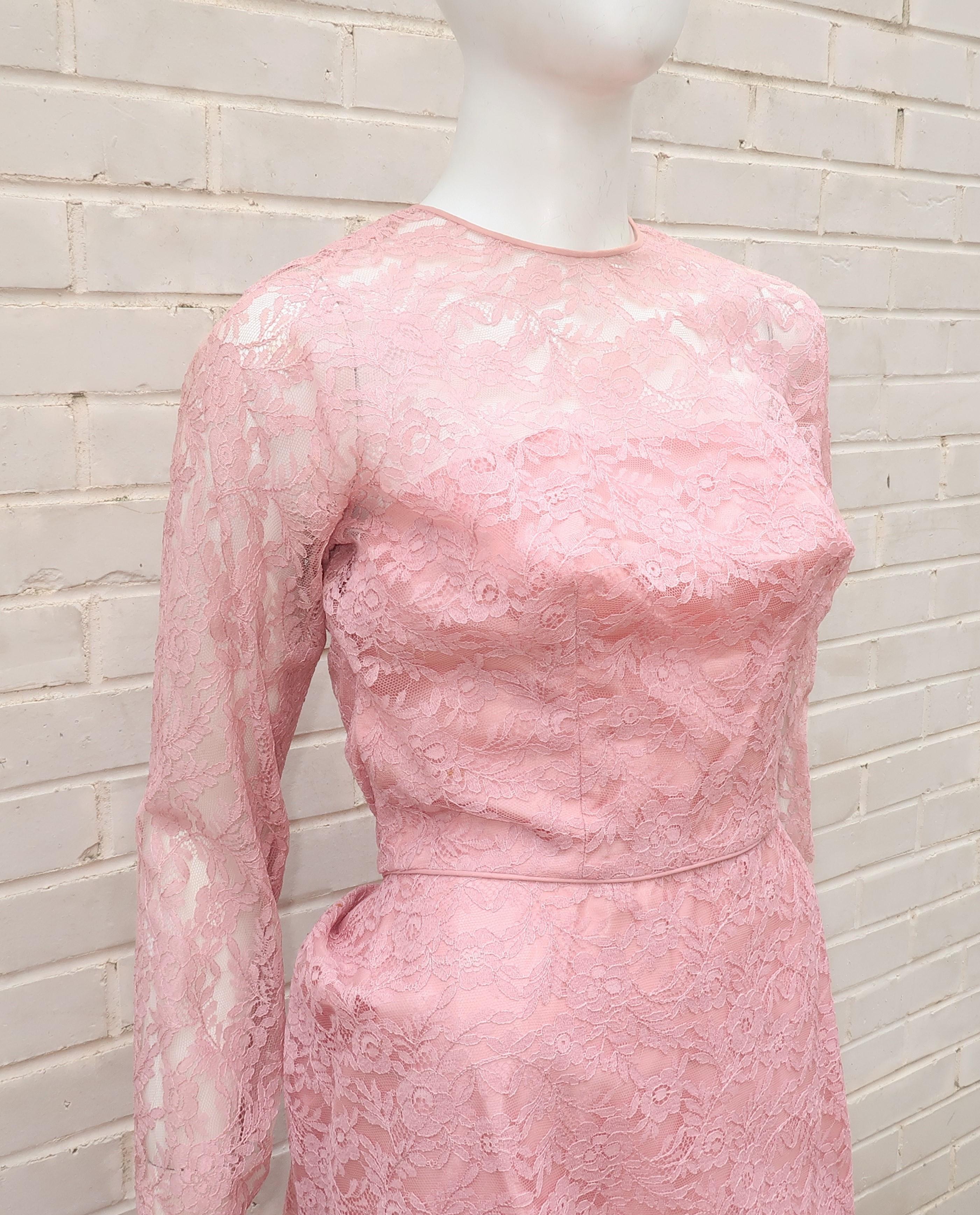 Beige Lee Claire Pink Lace Cocktail Dress, 1950's For Sale