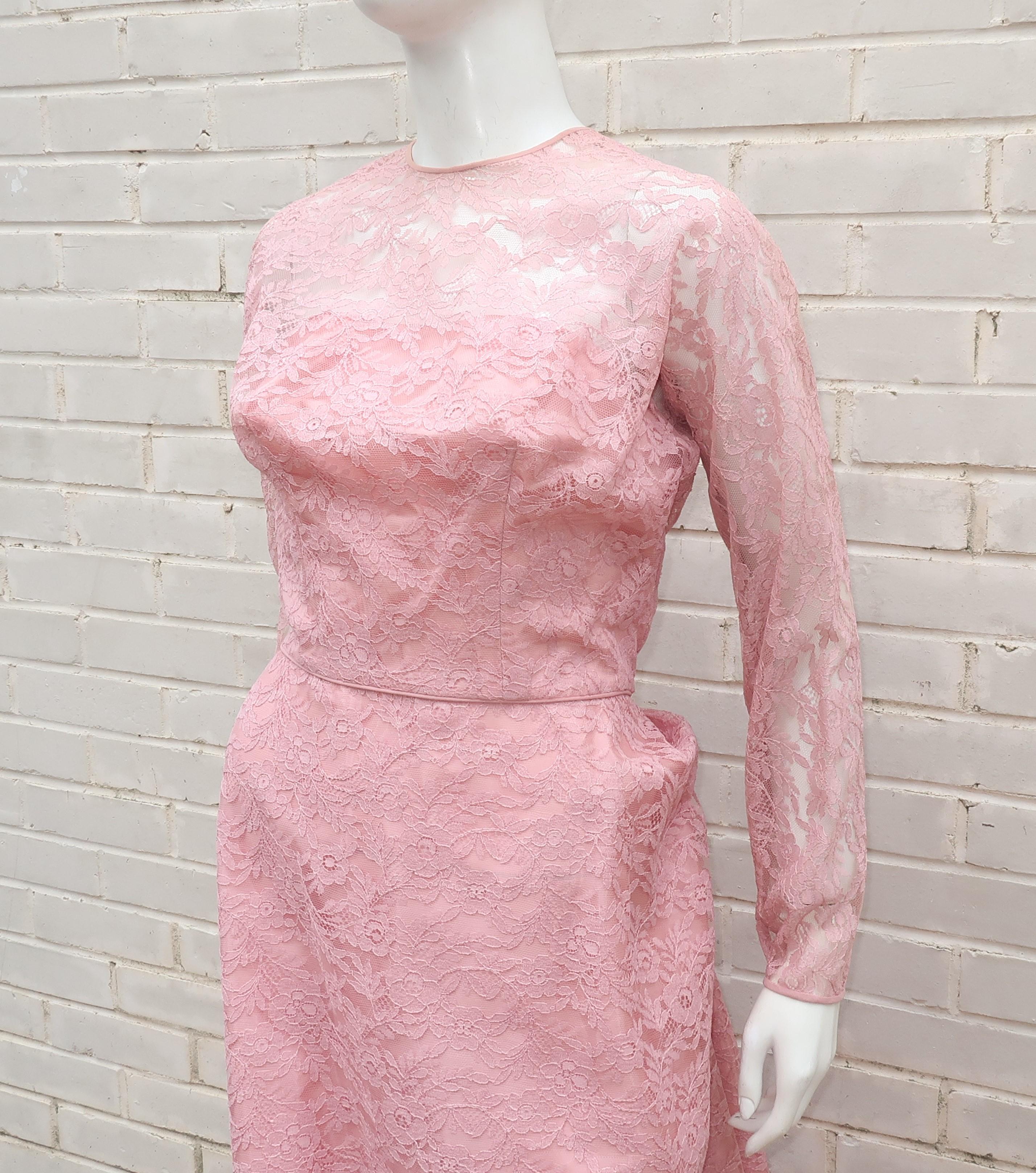 Women's Lee Claire Pink Lace Cocktail Dress, 1950's For Sale