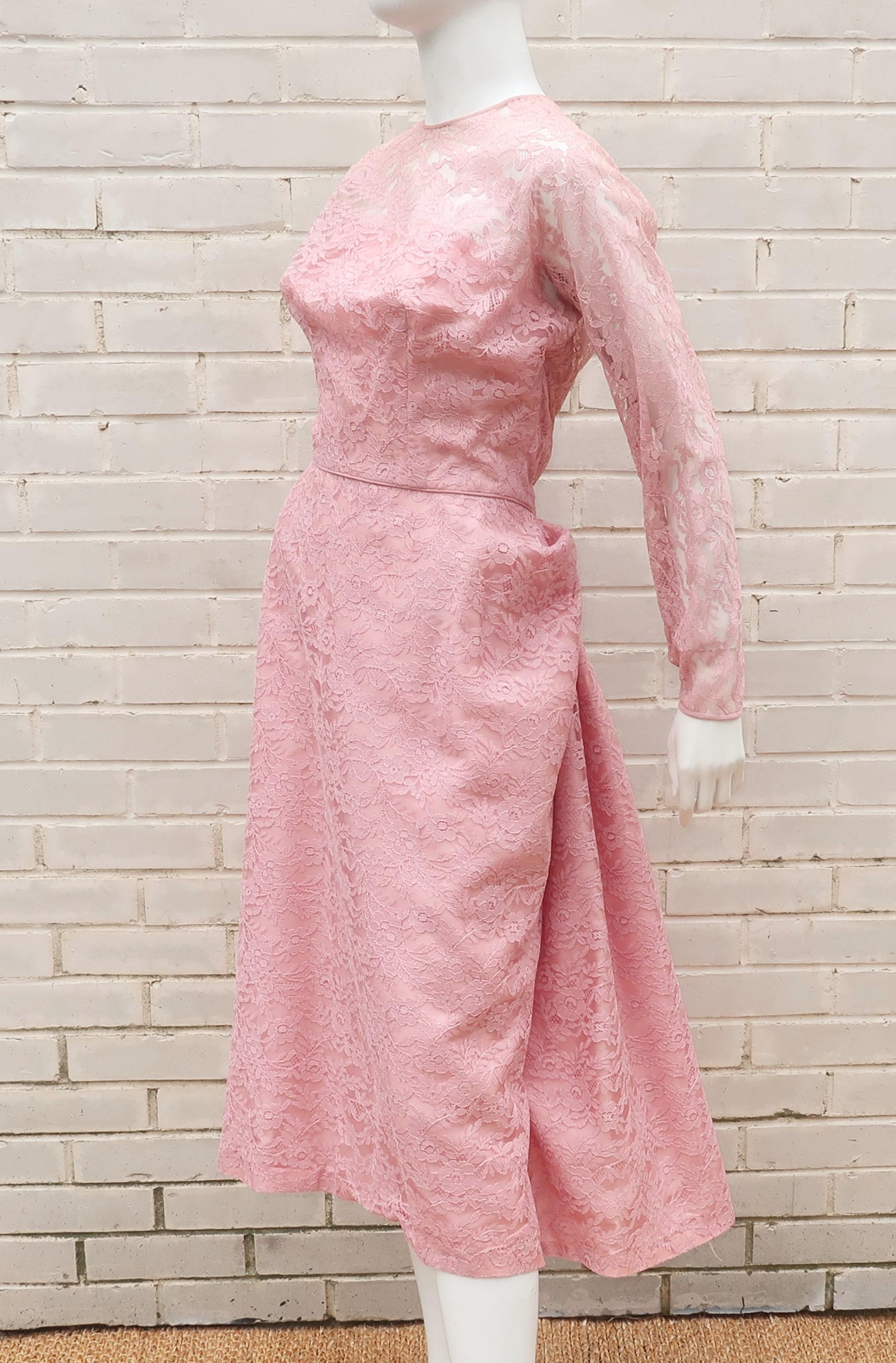 Lee Claire Pink Lace Cocktail Dress, 1950's For Sale 1