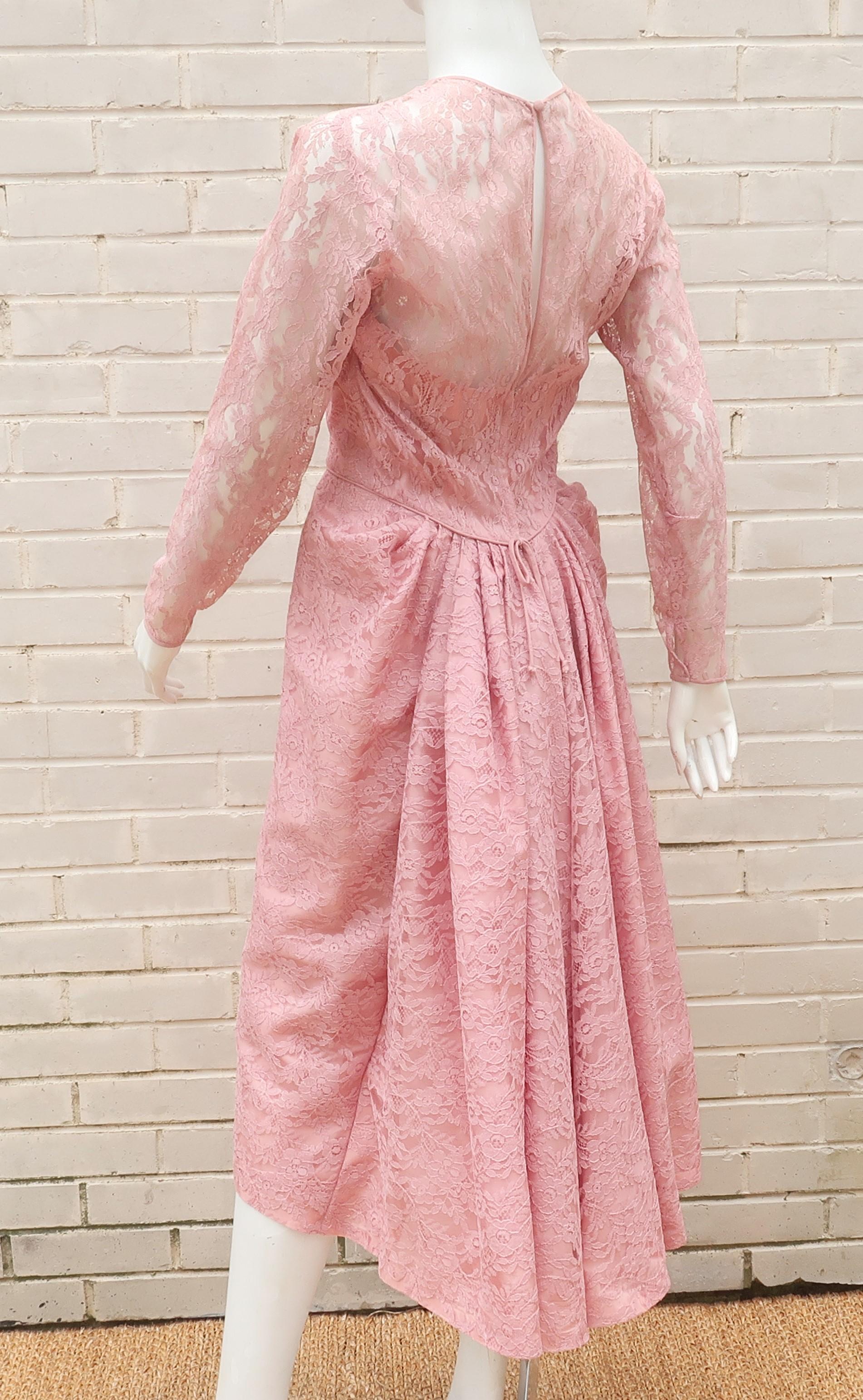 Lee Claire Pink Lace Cocktail Dress, 1950's For Sale 2