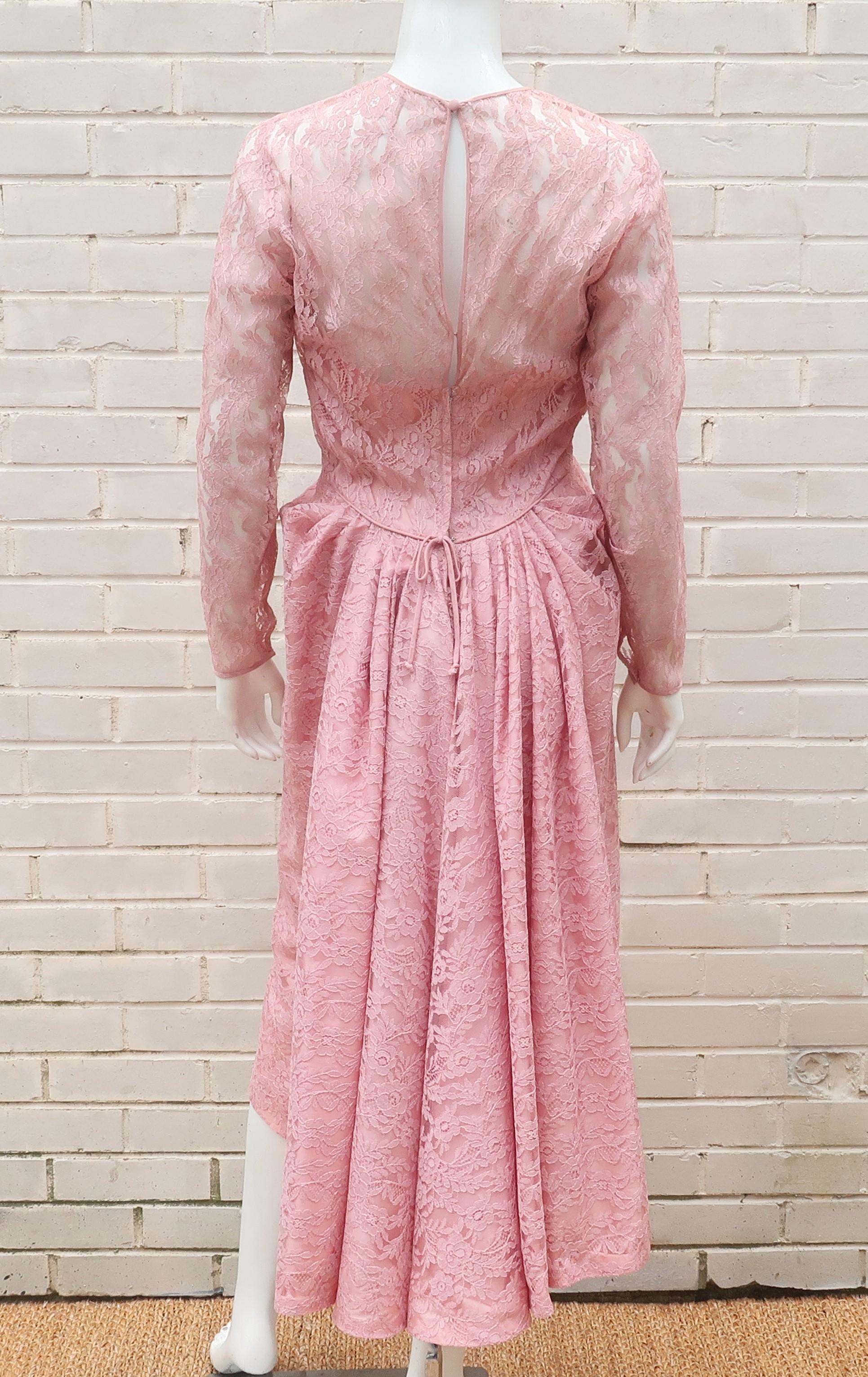 Lee Claire Pink Lace Cocktail Dress, 1950's For Sale 3