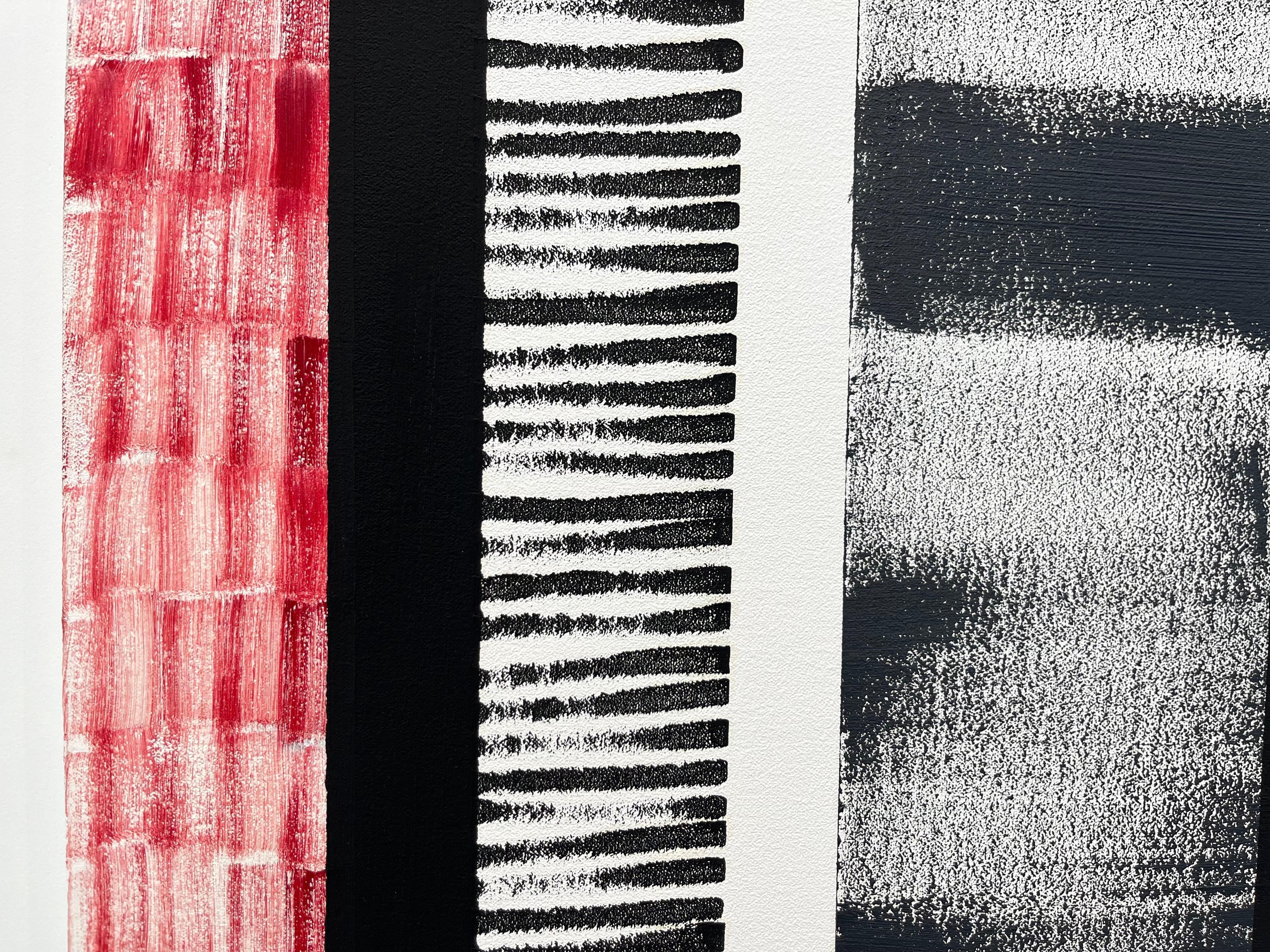 The color palette is a nod to First Nations art from the Pacific Northwest. Experiments in mark-making and linear techniques such as drips, pours, scrapes, stamping, and rollers are predominant attributes of the paintings in this series. 