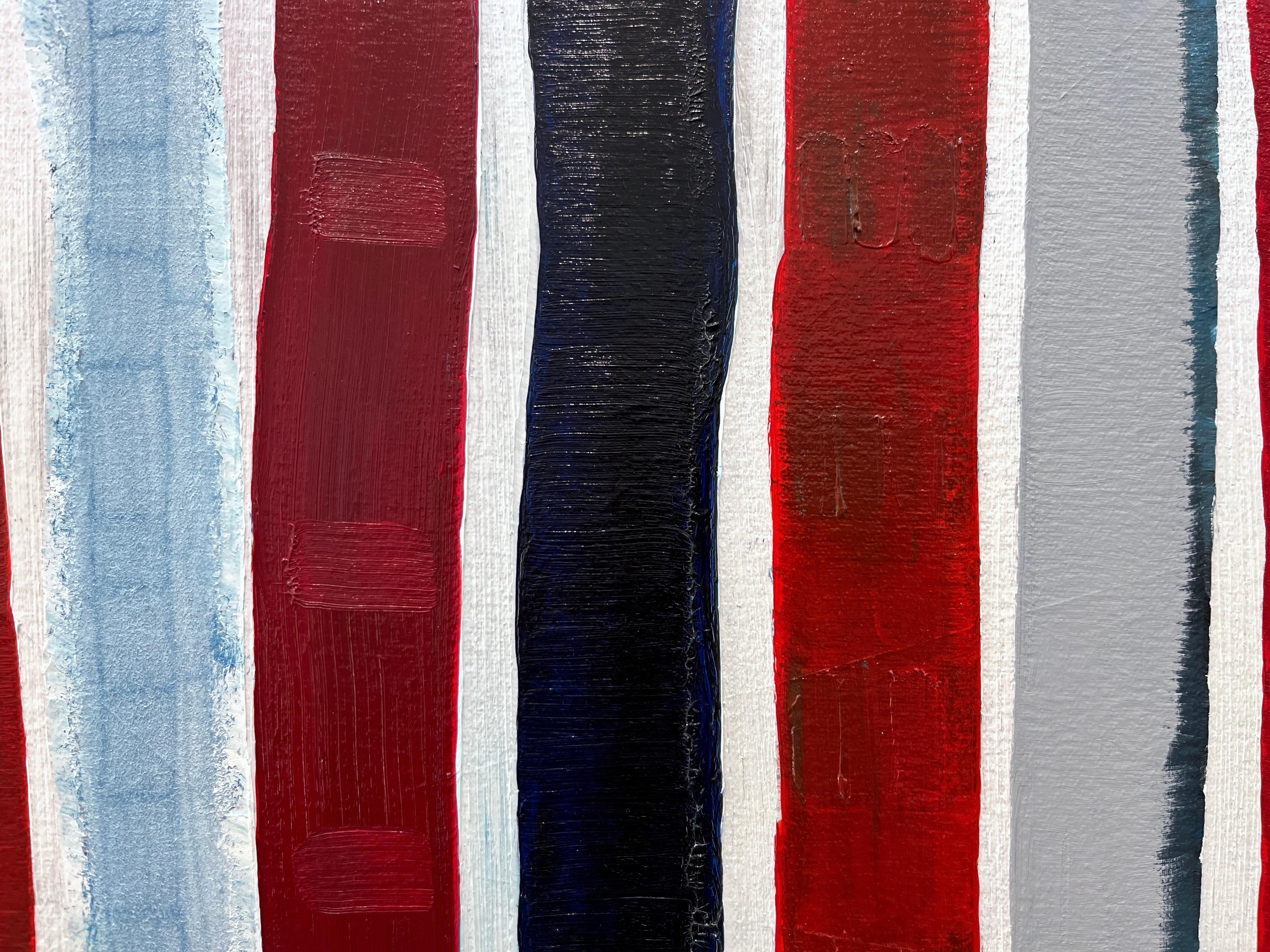 Pittura contemporanea su tela con astrazione lineare blu e rossa 