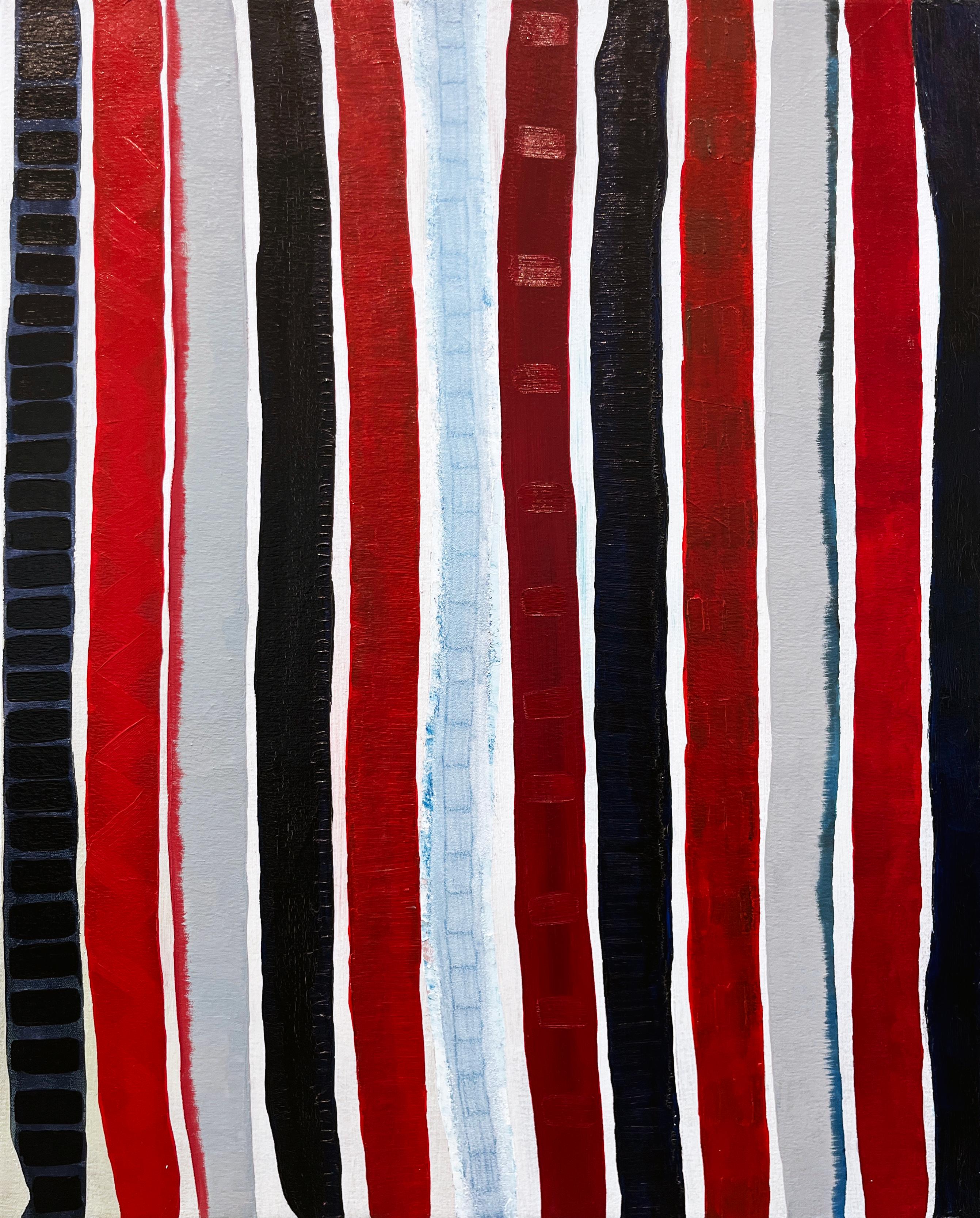 Pittura contemporanea su tela con astrazione lineare blu e rossa "Close Resonance". - Art di Lee Clarke