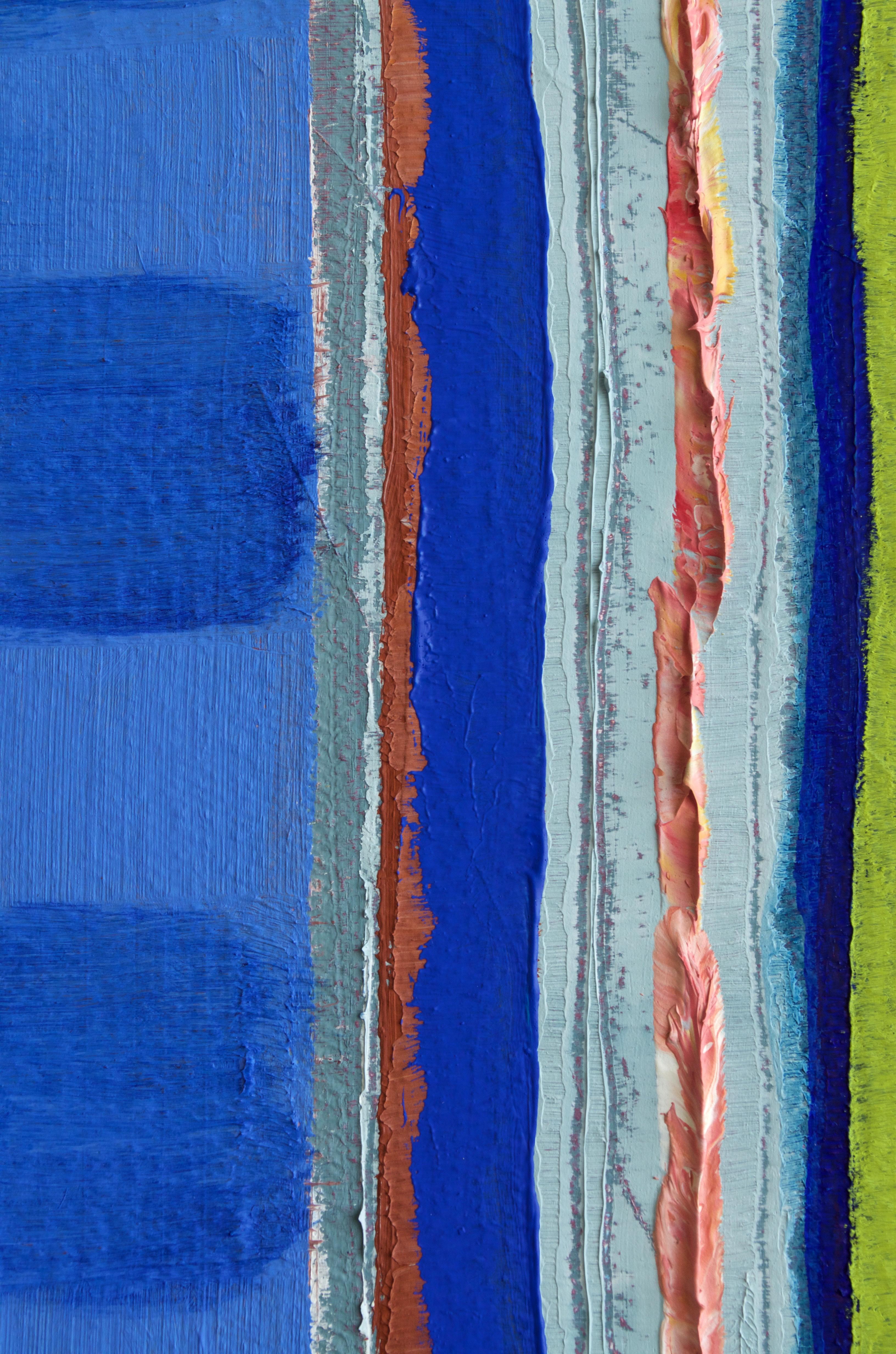 This painting was created while experimenting with patterns and mark-making techniques such as taping, pours, scrapes, stamping, and rollers are predominant attributes of the paintings in this series. This work has been varnished to protect its