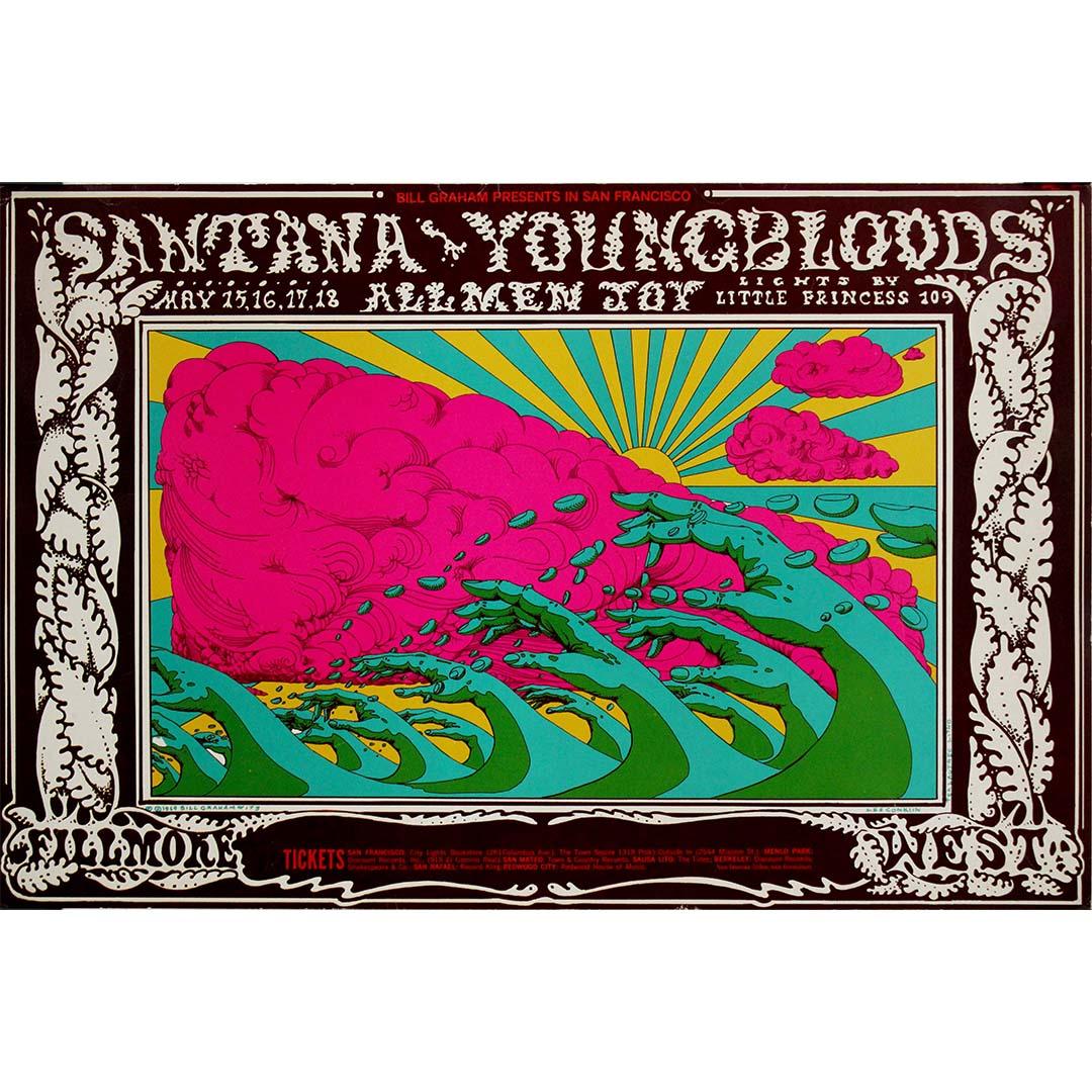 Cette affiche de concert originale de 1969 a été conçue par Lee Icone, l'un des artistes emblématiques du mouvement des affiches psychédéliques, pour une série de concerts légendaires au Fillmore West de San Francisco. Avec Santana, The Youngbloods