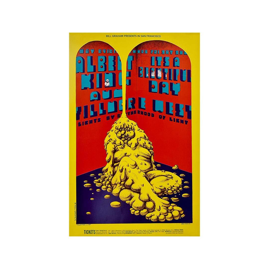Schönes psychedelisches Plakat von Lee Conklin aus dem Jahr 1969 für It's a Beautiful Day und das Blues-Rock-Ephemeral Aum im Fillmore West.
Lee Conklin ist ein Künstler, der vor allem für seine psychedelischen Plakate aus den späten 1960er Jahren