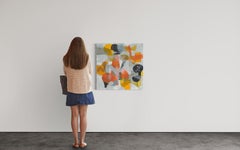 "Morning Mist" - Muted Gray Contemporary Abstract Painting in Orange and Yellow