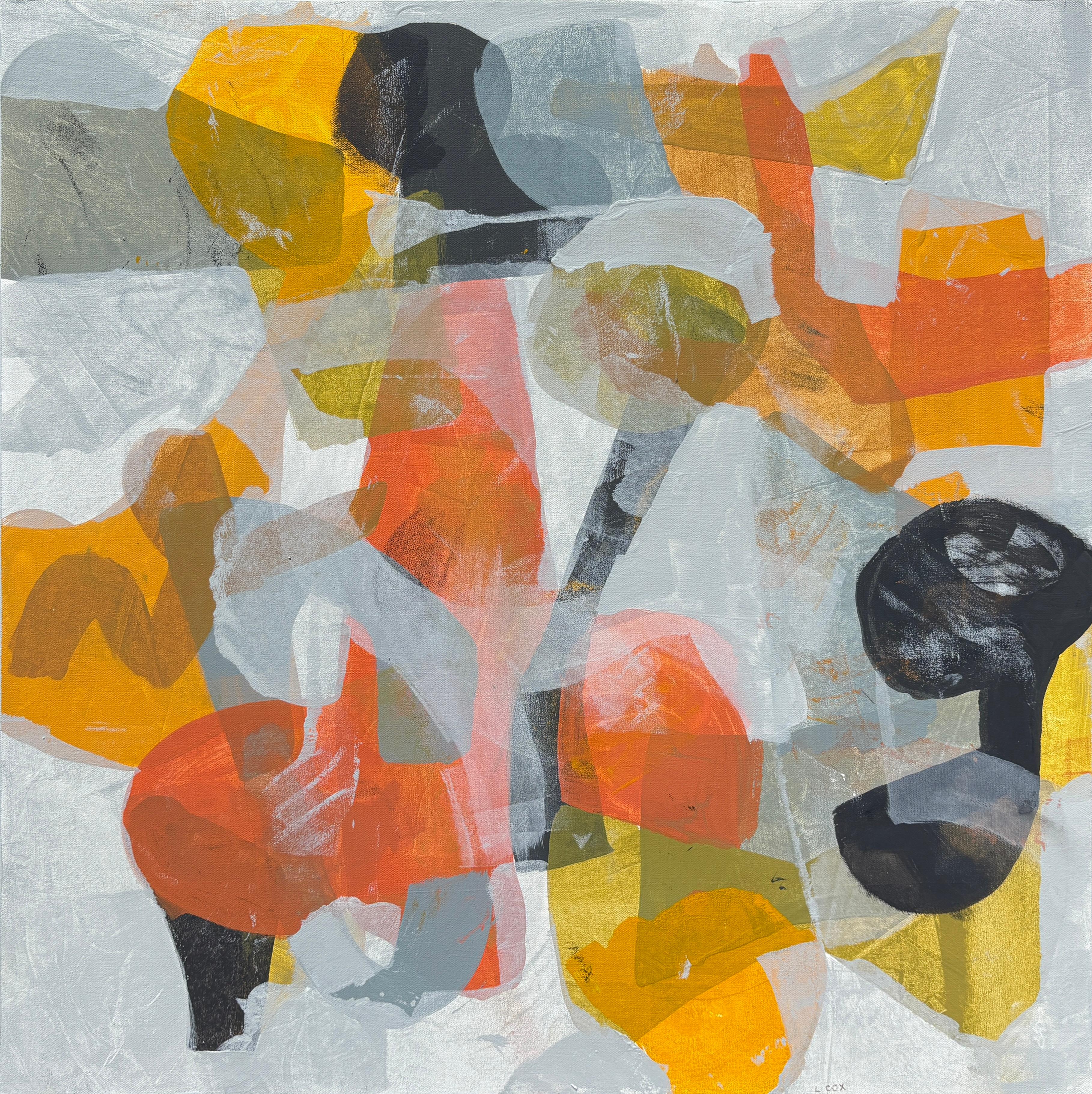 "Morning Mist" - Muted Gray Contemporary Abstract Painting in Orange and Yellow