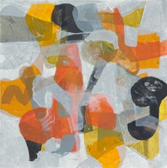 "Morning Mist" - Muted Gray Contemporary Abstract Painting in Orange and Yellow
