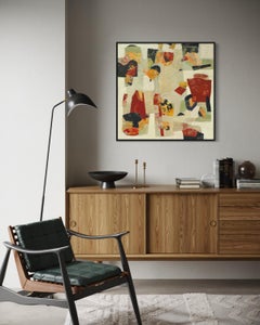 "Playbill Residue" - Mixed Media Abstract Painting in Muted Red and Earth Tones