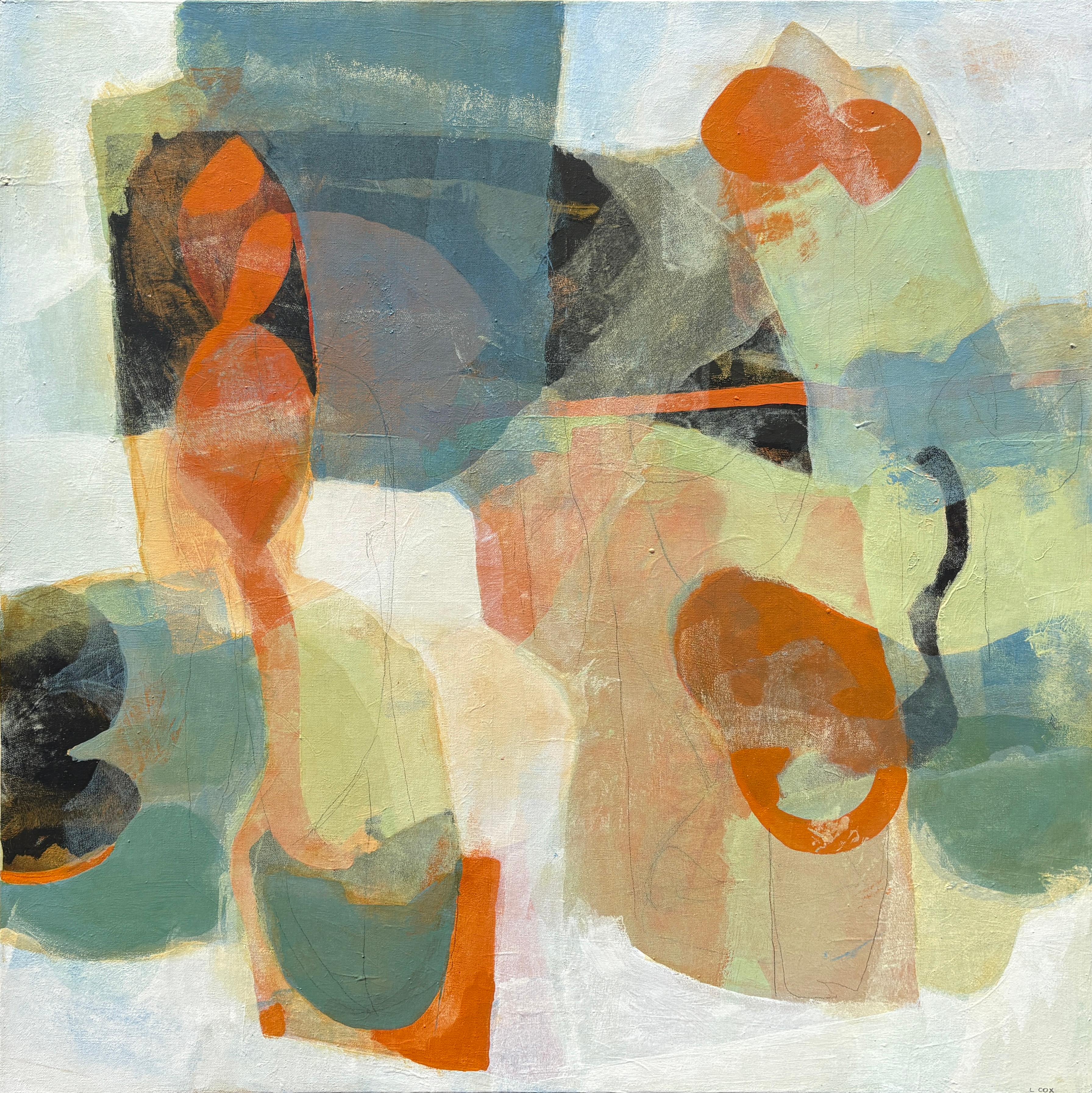 "Camino al Valle" - Pintura acrílica abstracta en tonos naranjas, azules y fríos