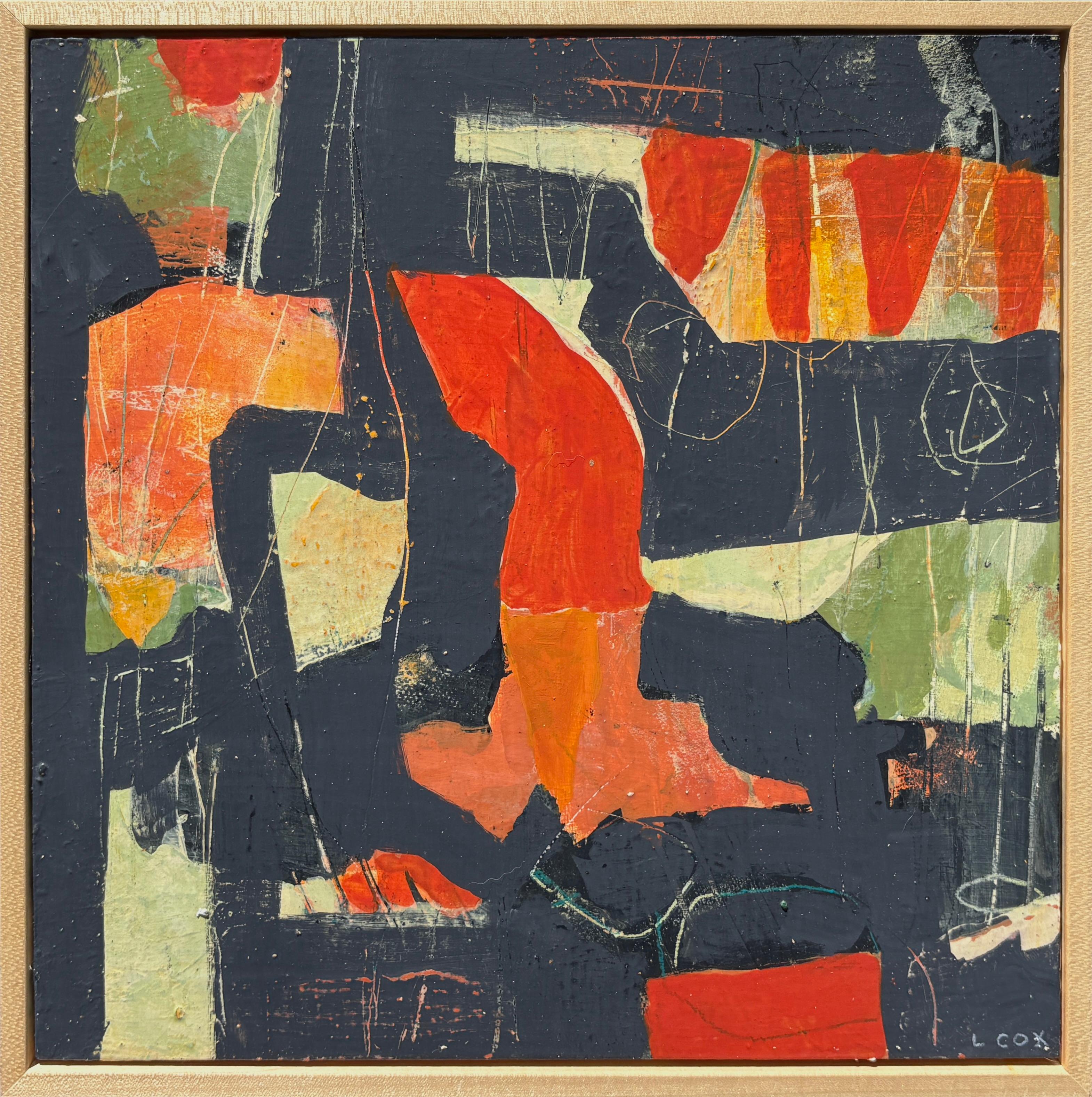 Abstract Painting de Lee Cox - "El circo llega a la ciudad" - Arte abstracto contemporáneo en acrílico negro y naranja