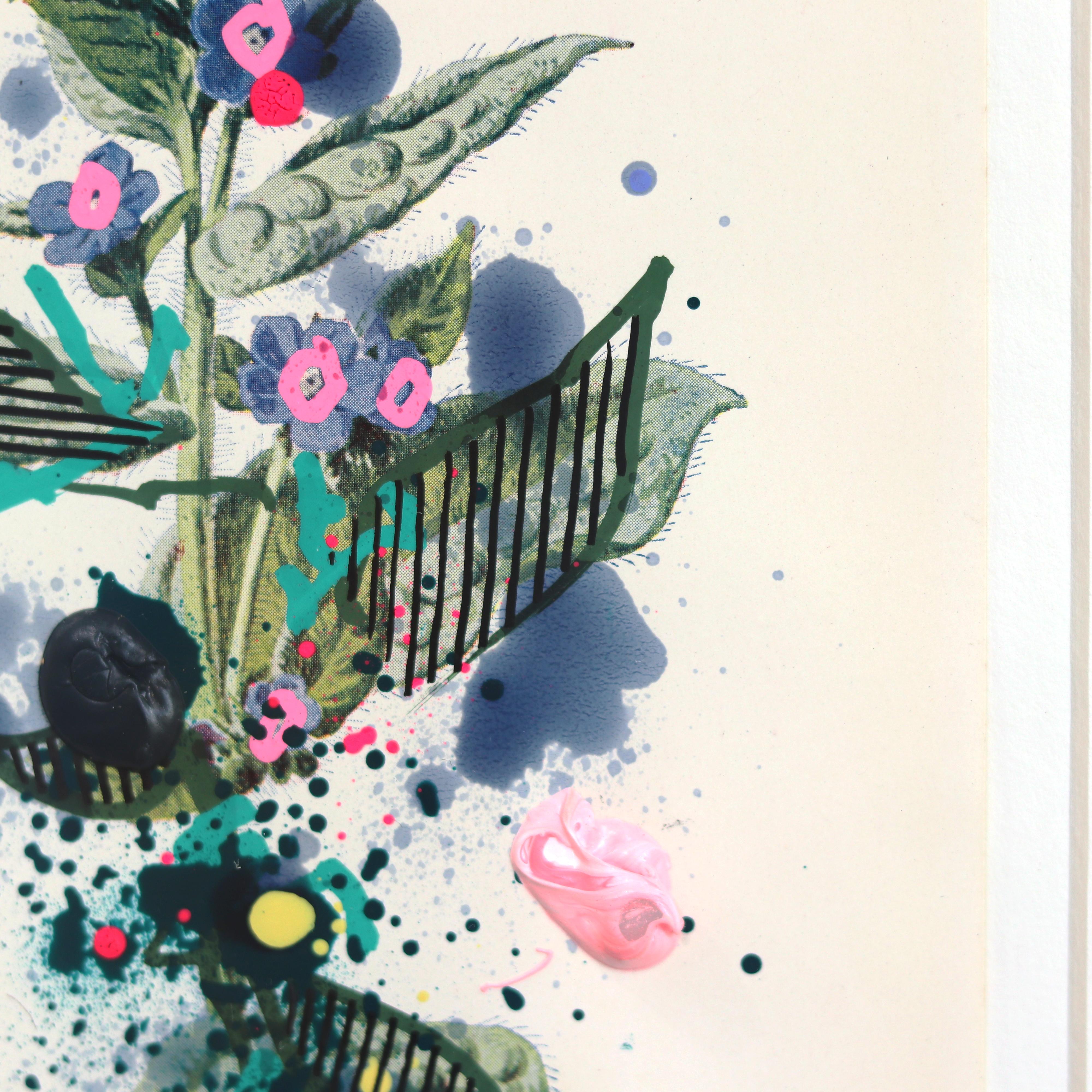 Alkanet - Abstract Colorful Teal Blue Framed Botanical Nature Original Artwork - Abstract Impressionist Painting by Lee Herring