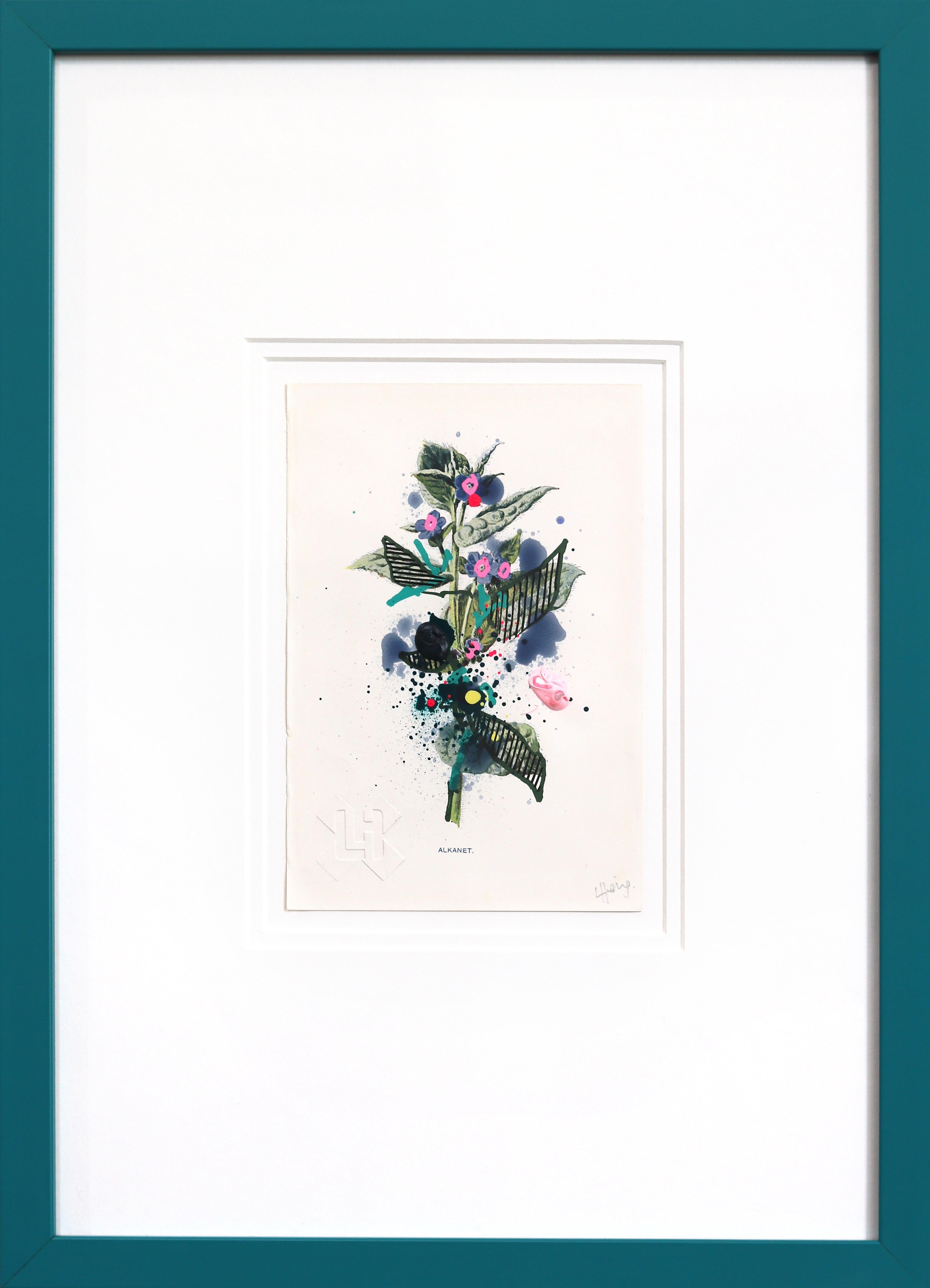 Alkanet - Opera d'arte astratta colorata blu acqua con cornice Botanical Nature originale