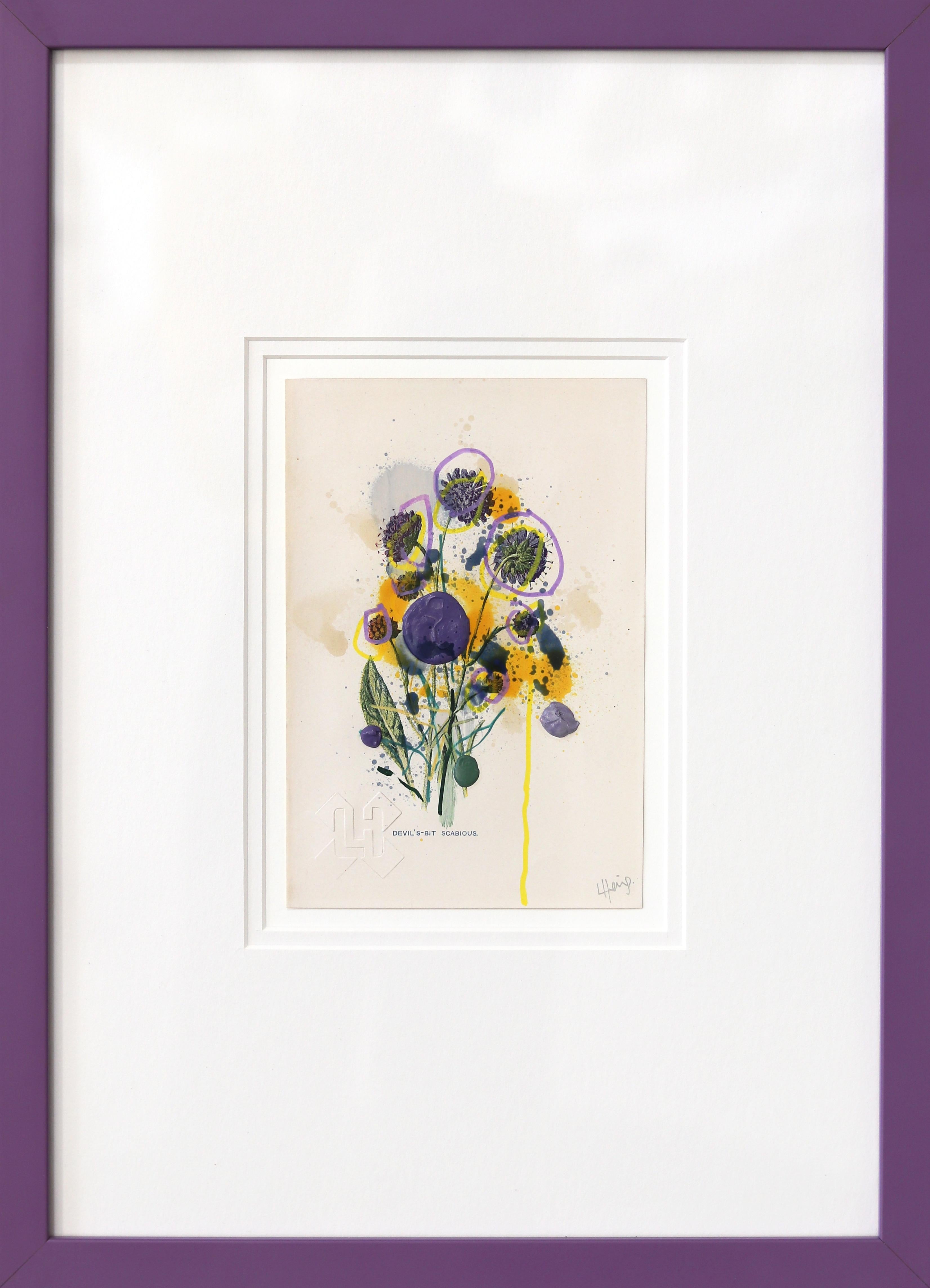 Devil
s Bit Scabious - Original Framed Floral Art on Antique Botanical Book Page - Mixed Media Art by Lee Herring