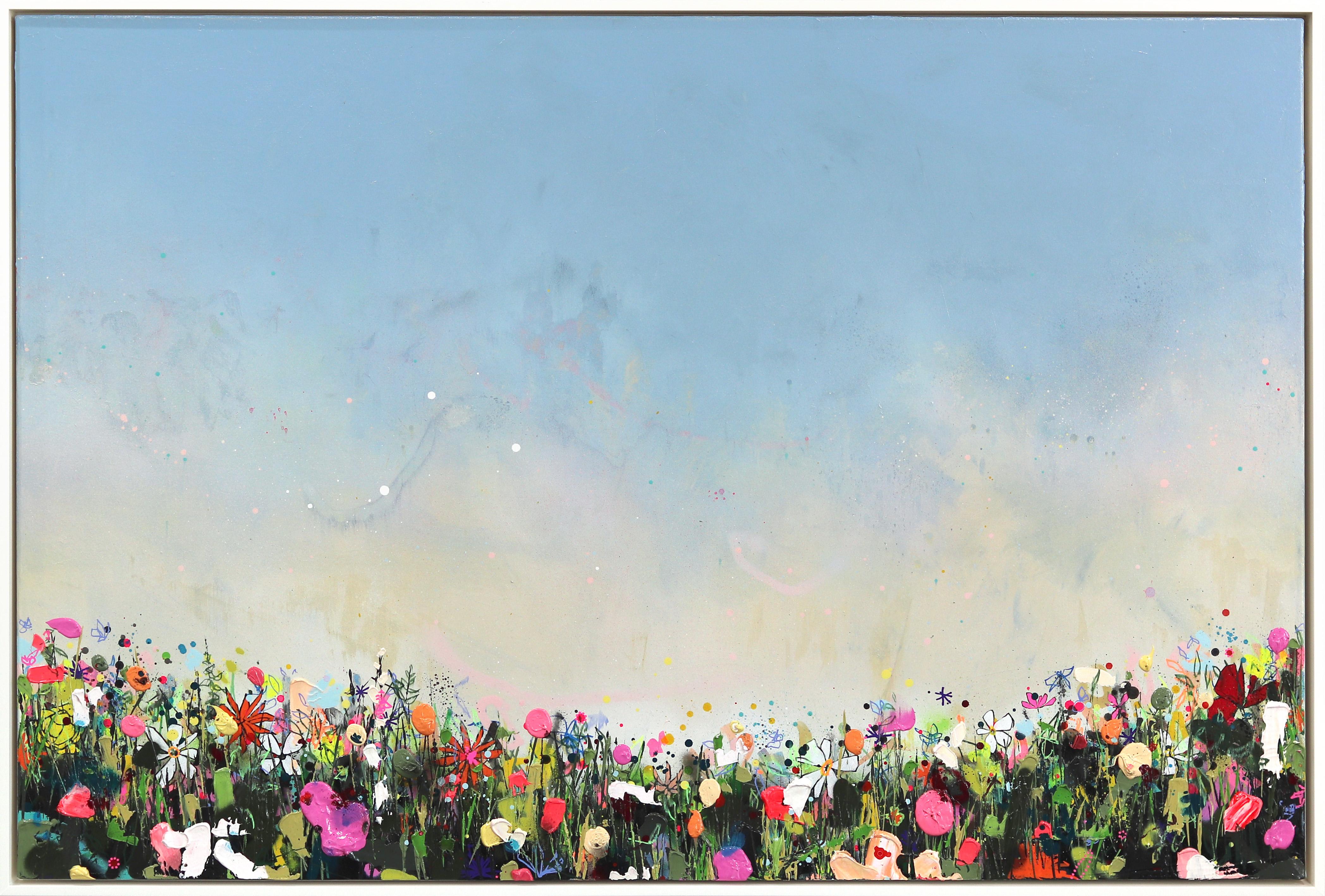 Landscape Painting de Lee Herring - Nubes lejanas - Paisaje azul de colores con textura de flores Obra de arte