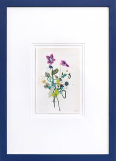Dog Violet - Mixed Media Floral Still Life Navy Blue Framed Artwork