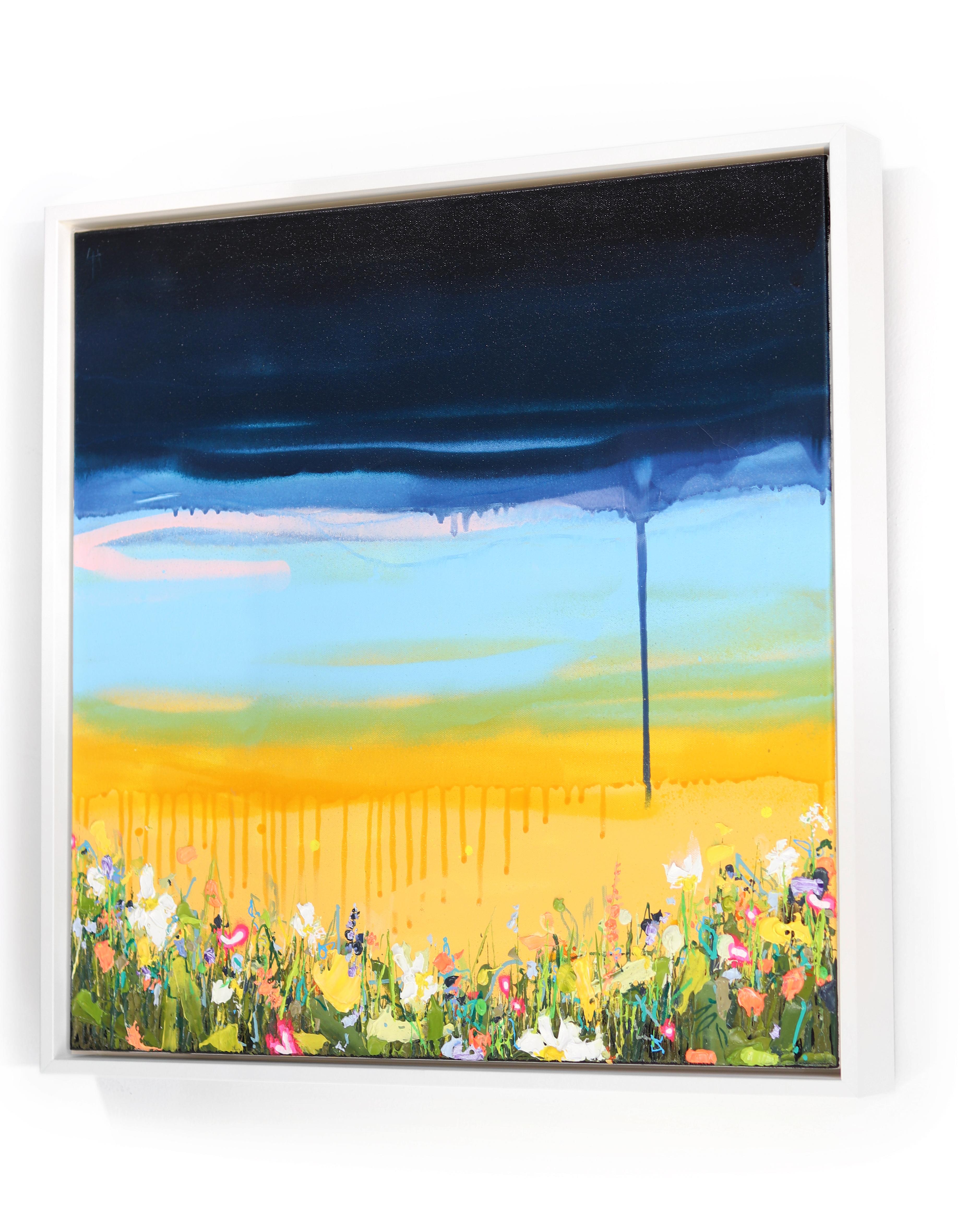Golden Glow - Paesaggio floreale astratto colorato blu-giallo, arte vibrante incorniciata - Landscape Painting Giallo di Lee Herring