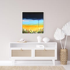 Golden Glow - Bunte blau-gelbe geblümte Landschaft abstrakt gerahmte lebhafte Kunst