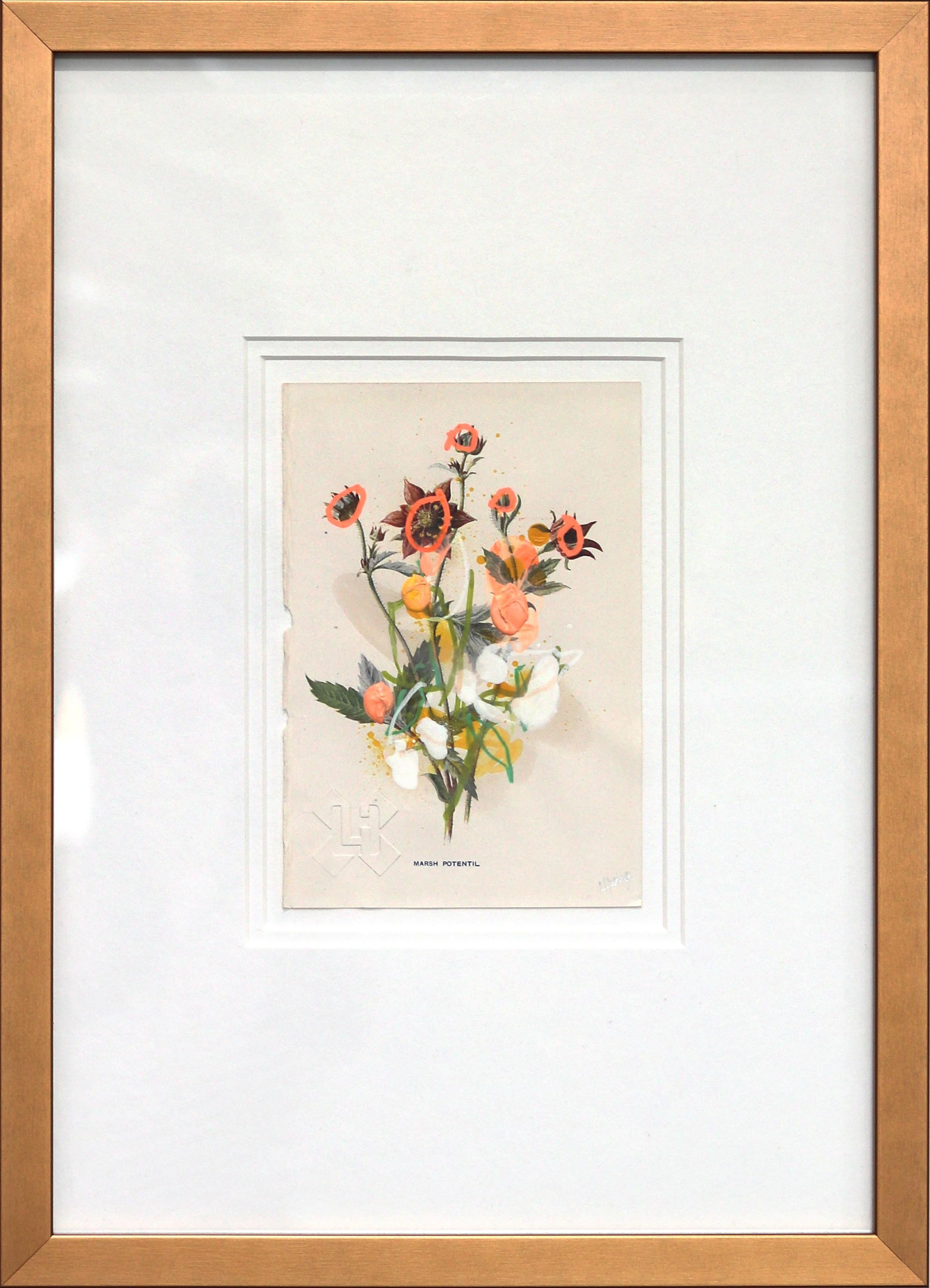 Potentille des marais - Œuvre d'art florale originale encadrée sur une page de livre botanique ancien - Mixed Media Art de Lee Herring