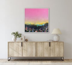 Midnight Meadows - Colorido Paisaje de Técnica Mixta Flores Obra de Arte Textural