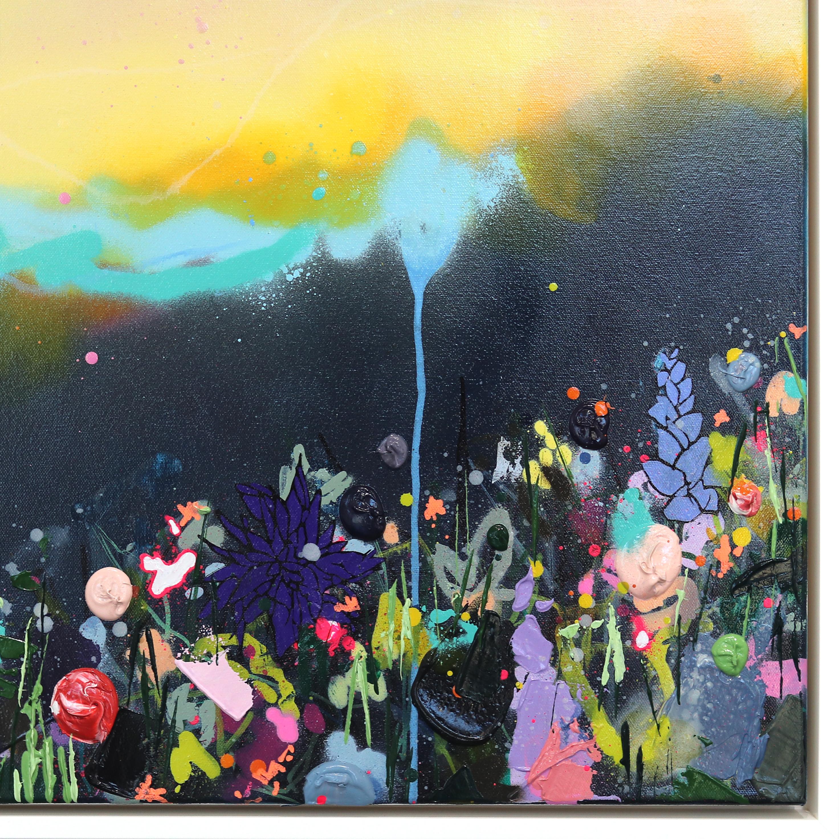 Midnight Meadows - Colorido Paisaje de Técnica Mixta Flores Obra de Arte Textural - Painting Contemporáneo de Lee Herring