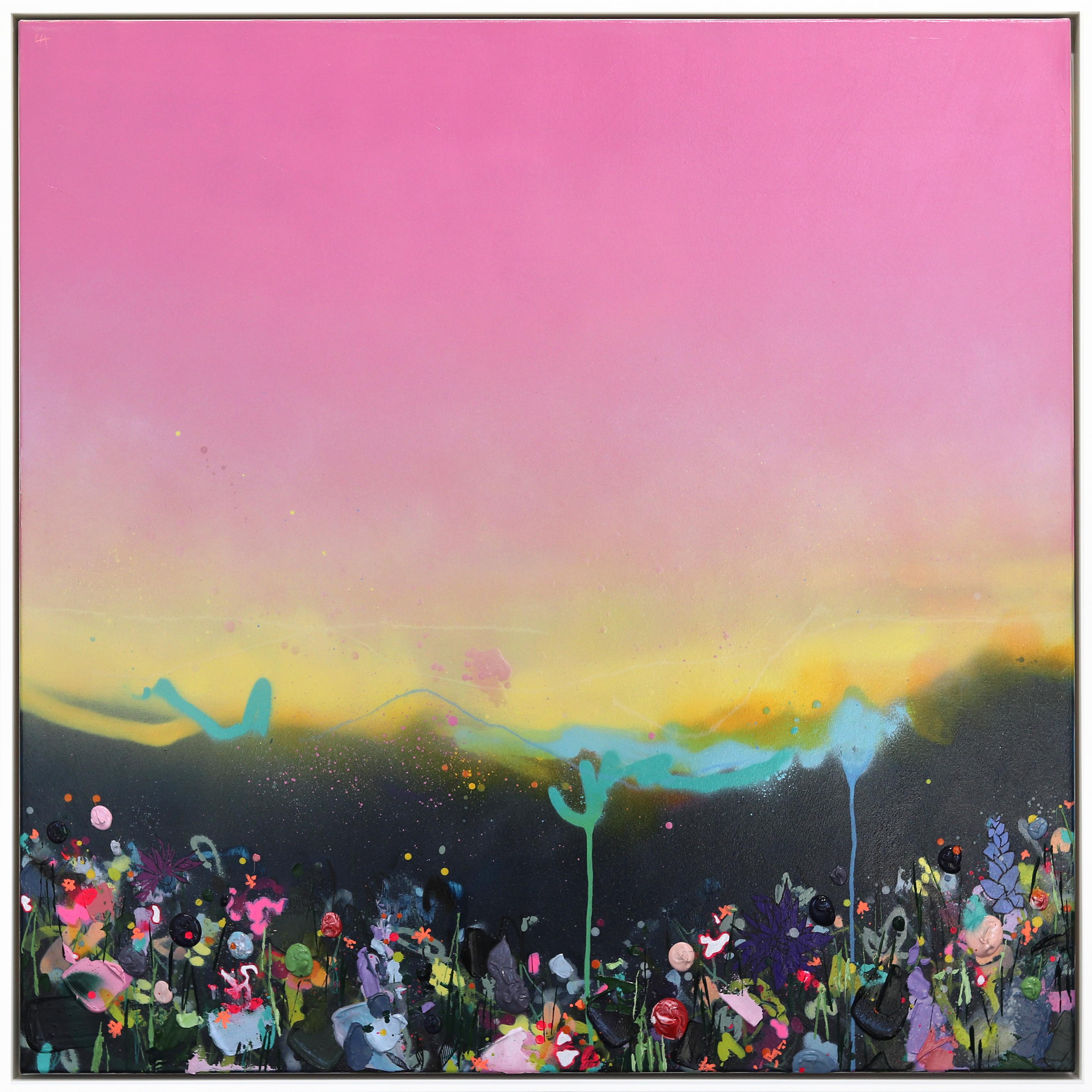 Midnight Meadows - Colorido Paisaje de Técnica Mixta Flores Obra de Arte Textural